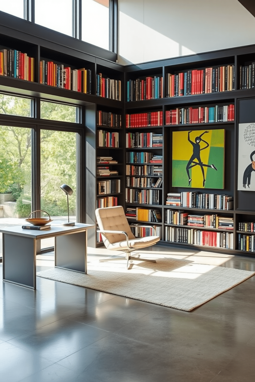 A contemporary home library features a wall of colorful book spines arranged in an artistic display, creating a vibrant focal point. The shelves are made of sleek, dark wood, contrasting beautifully with the bright hues of the books, while a modern reading chair in a neutral fabric invites relaxation. Large windows allow natural light to flood the space, illuminating a stylish area rug that adds warmth to the polished concrete floor. A minimalist desk with clean lines sits in one corner, complemented by a striking piece of abstract art on the wall, enhancing the library's modern aesthetic.