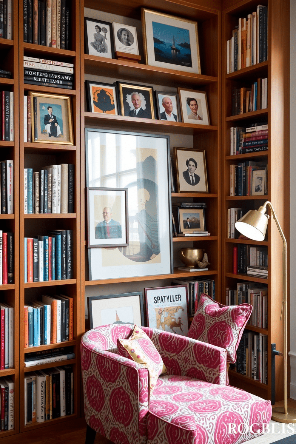 A contemporary home library featuring a sleek wooden bookshelf filled with an eclectic mix of personalized art pieces and an array of books. A cozy reading nook is created by a plush armchair in a vibrant fabric, accompanied by a small side table and a stylish floor lamp that illuminates the space.