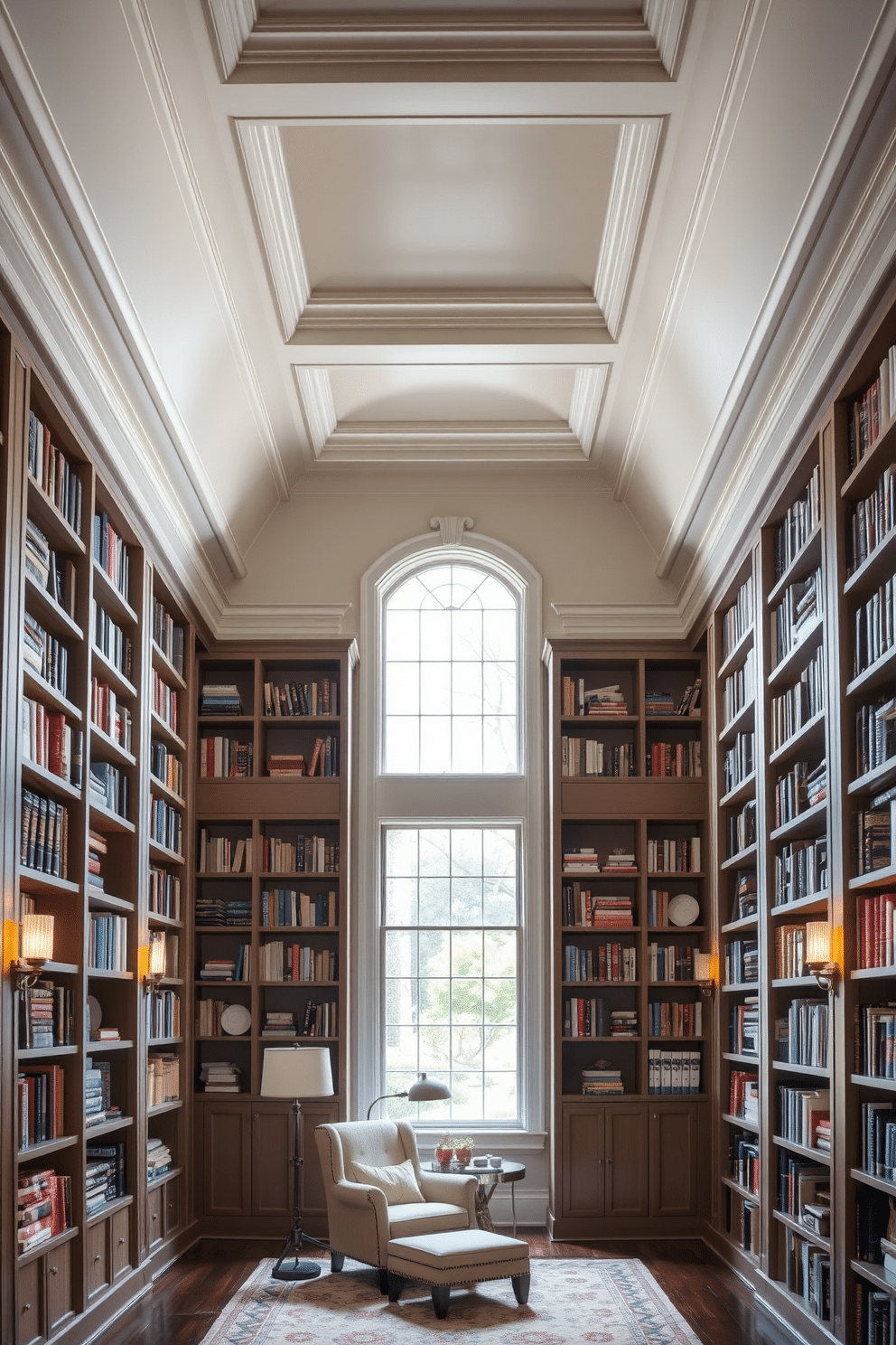 A contemporary home library featuring high ceilings adorned with elegant crown molding. The room is filled with tall, custom-built bookcases that stretch from floor to ceiling, showcasing an extensive collection of books and decorative items. A cozy reading nook is positioned near a large window, with a plush armchair and a small side table for comfort. Soft, ambient lighting from stylish sconces illuminates the space, creating a warm and inviting atmosphere perfect for relaxation and study.