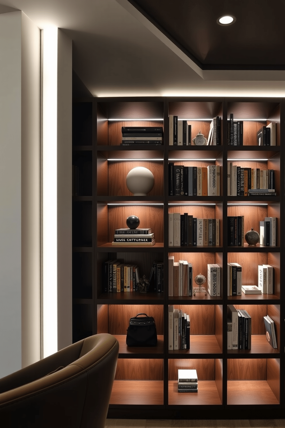 A contemporary home library featuring integrated lighting within custom bookshelves. The shelves are crafted from dark wood, illuminated by soft LED strips that highlight the collection of books and decorative items.