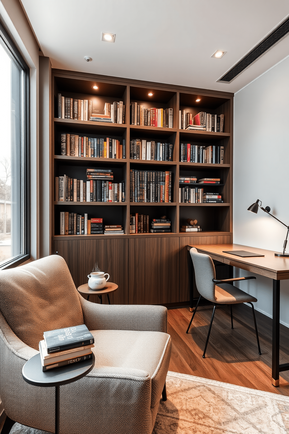 A cozy reading nook by the window features a plush armchair upholstered in soft, textured fabric, positioned next to a large window that allows natural light to flood the space. A small side table holds a stack of books and a steaming cup of tea, while a knitted throw drapes over the armchair for added warmth. The contemporary home library design showcases sleek built-in shelves filled with an array of books, accented by modern lighting fixtures that highlight the collection. A minimalist desk with clean lines sits in the corner, paired with a stylish chair, creating an inviting space for reading and study.