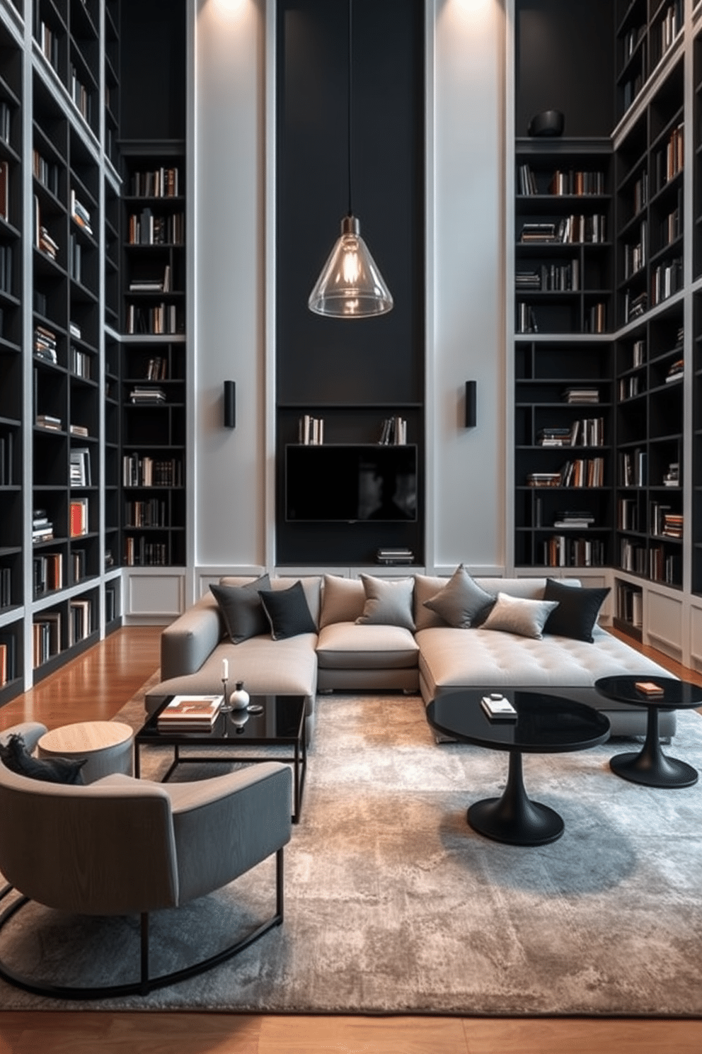 A contemporary home library featuring a monochromatic color scheme that exudes elegance. The walls are adorned with floor-to-ceiling bookshelves in a deep charcoal hue, contrasted by sleek white trim and a plush area rug in varying shades of gray. A large, modern sectional sofa in a muted gray fabric provides ample seating, complemented by minimalist black accent tables. Soft, ambient lighting from stylish pendant fixtures illuminates the space, creating a warm and inviting atmosphere for reading and relaxation.