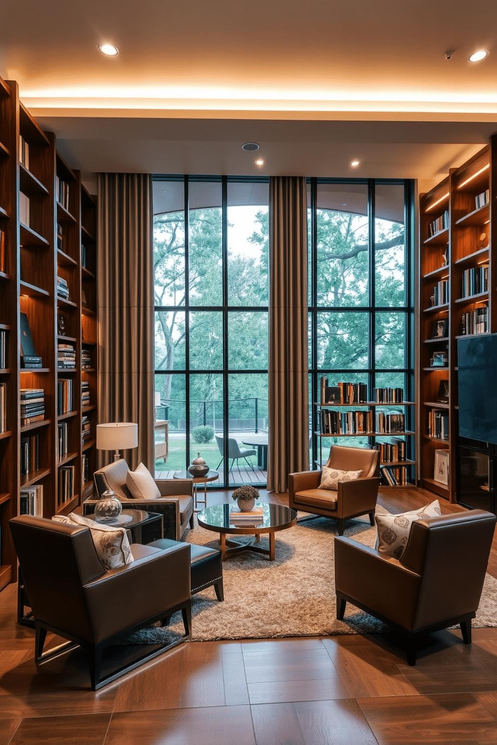 A contemporary home library featuring a blend of rich wooden bookshelves and sleek metal accents. The space is illuminated by soft, warm lighting that highlights the textures of the wood and metal, creating a cozy yet modern atmosphere. A plush area rug in neutral tones anchors the seating area, which includes a mix of leather and fabric chairs. Large windows allow natural light to flood in, complemented by elegant window treatments that add a touch of sophistication.