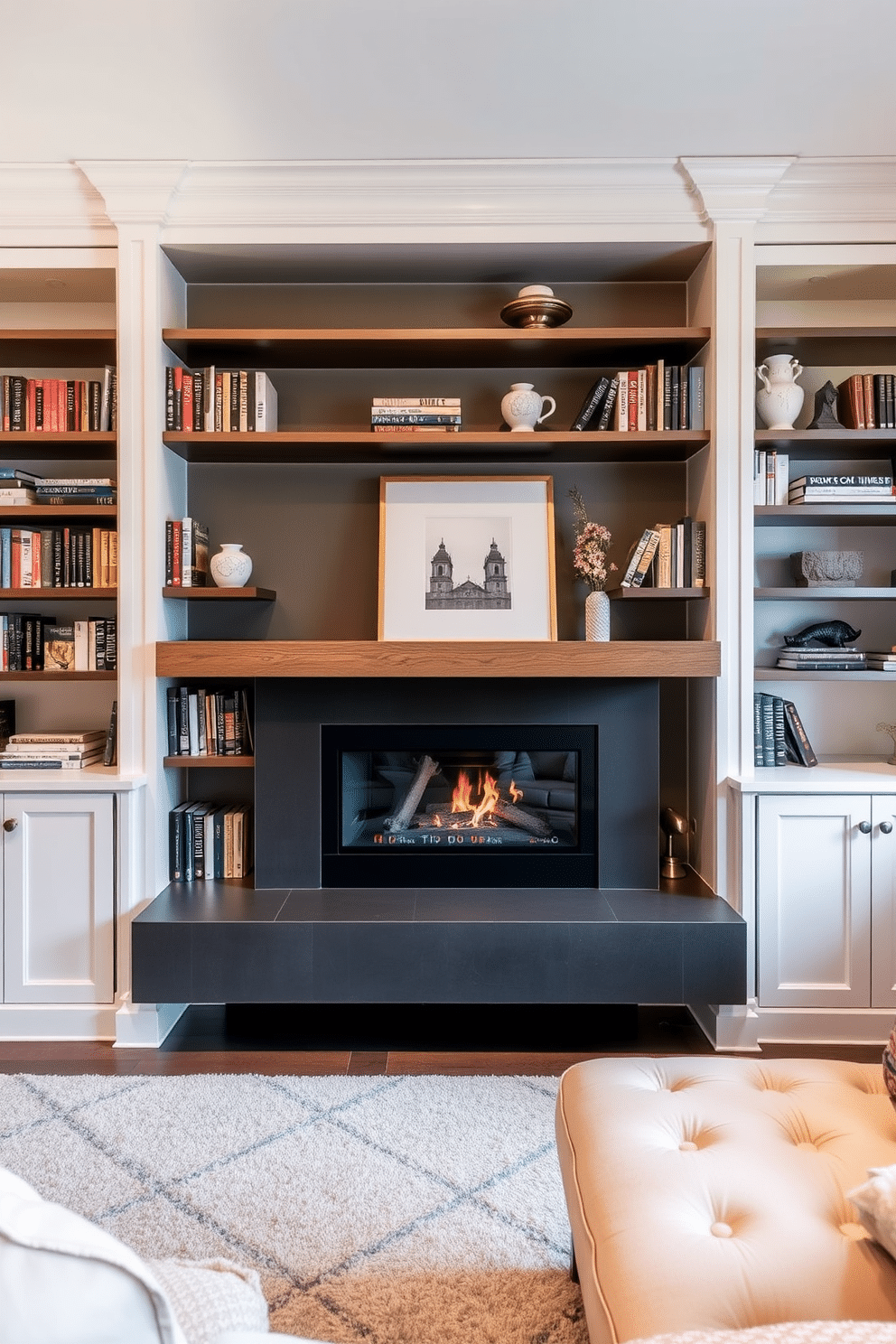 A contemporary home library features built-in shelves that elegantly frame a modern fireplace, creating a cozy yet sophisticated focal point. The shelves are filled with an array of books and decorative items, while a plush seating area invites relaxation and reading.