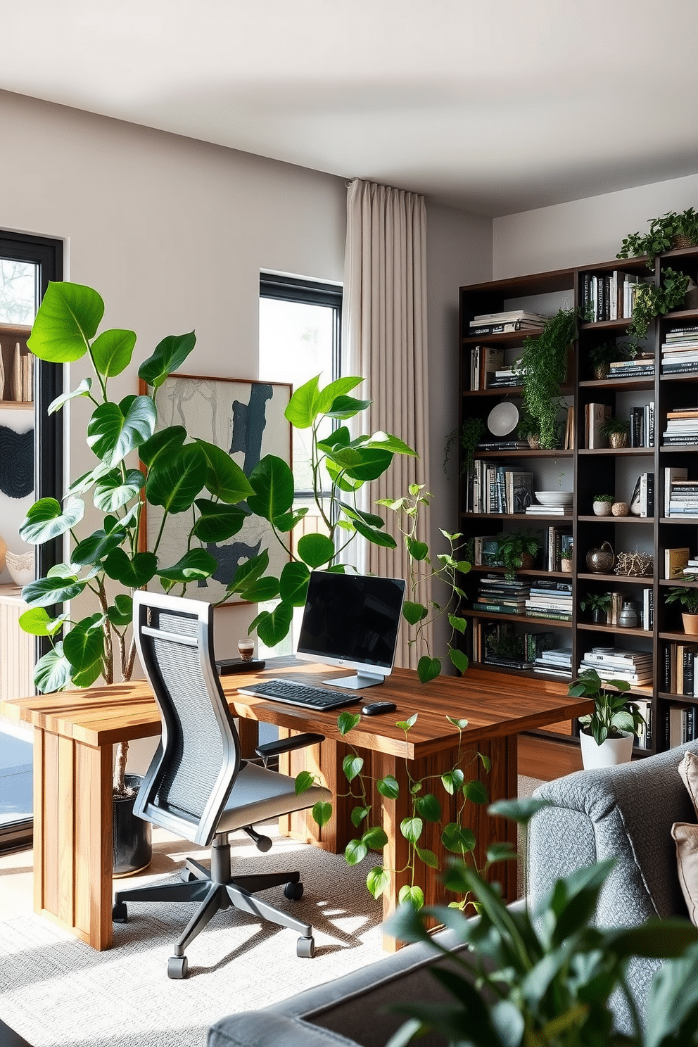 Lush indoor plants create a vibrant touch in the living space. Tall fiddle leaf figs and cascading pothos are strategically placed near a large window, allowing natural light to enhance their greenery. A contemporary home office features a sleek, minimalist desk made of reclaimed wood paired with a modern ergonomic chair. The walls are adorned with abstract art, and a large bookshelf filled with curated books and plants adds character to the room.