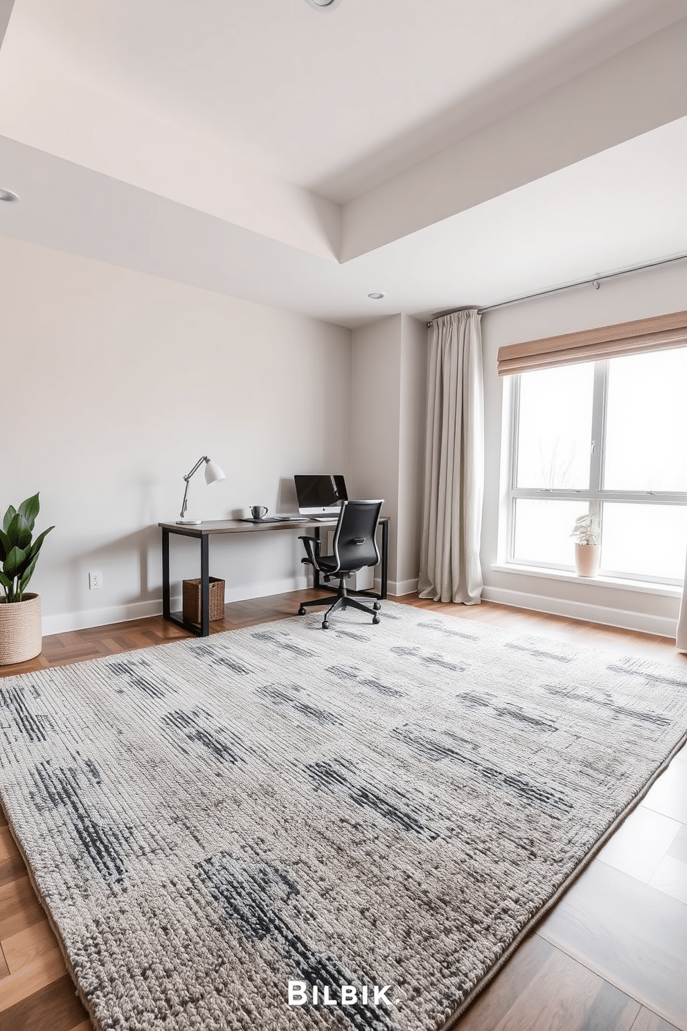 A contemporary home office features a large, textured area rug that defines the workspace, adding warmth and comfort underfoot. The room is filled with natural light from a large window, highlighting a sleek desk paired with an ergonomic chair in a minimalist style.