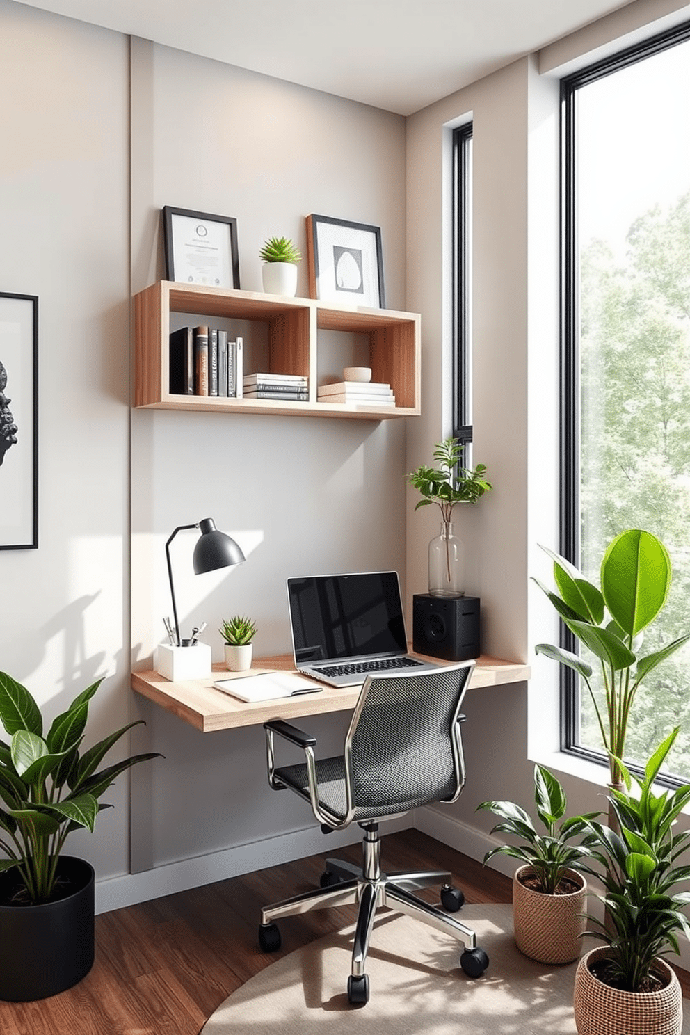 A creative wall-mounted desk designed for small spaces features a sleek, minimalist aesthetic with a light wood finish. Above the desk, open shelving displays decorative items and books, while a comfortable, ergonomic chair complements the modern decor. The contemporary home office design incorporates a large window that floods the space with natural light, enhancing productivity. A neutral color palette of grays and whites is accented with pops of greenery from potted plants strategically placed around the room.