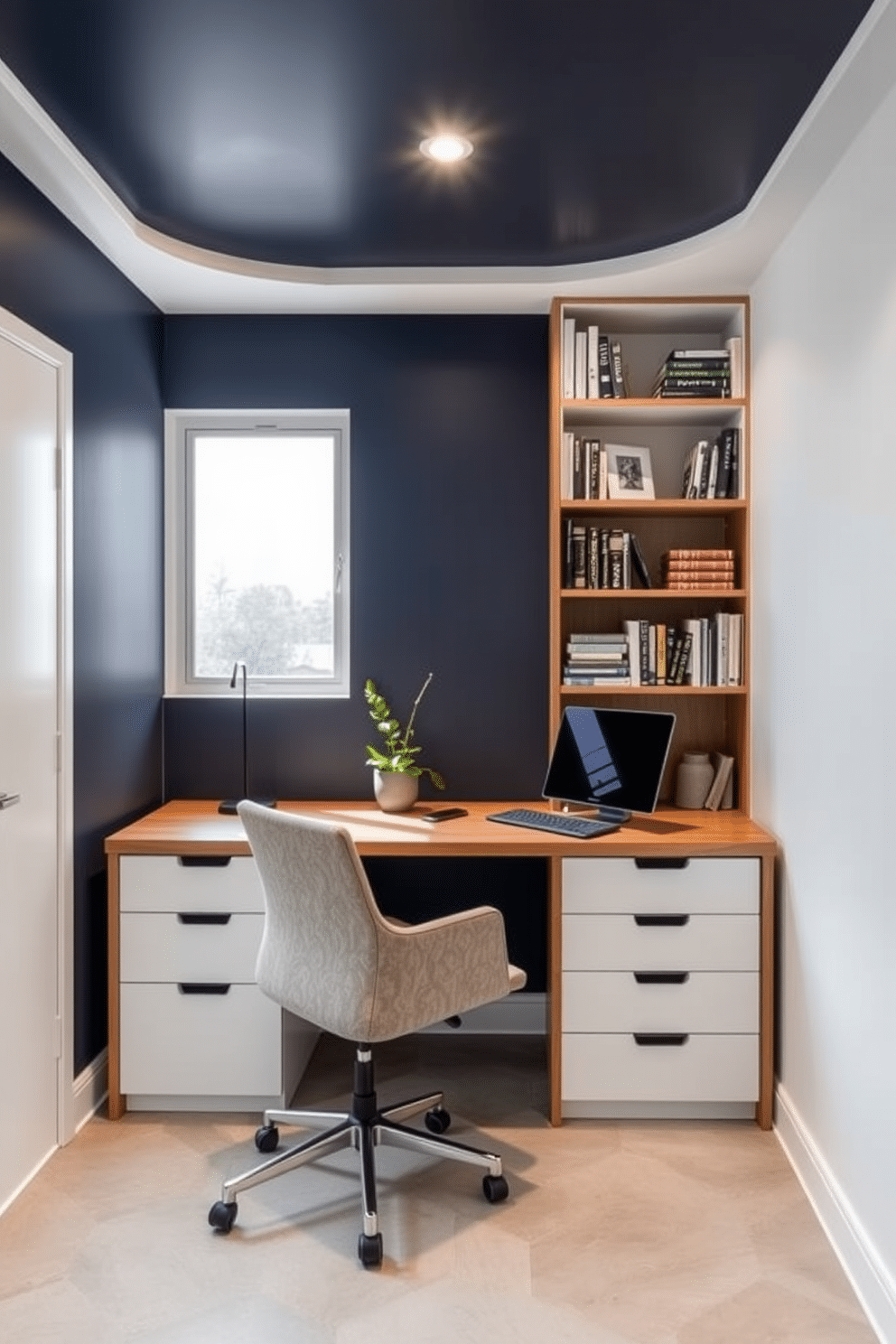 A sleek home office featuring a modern desk that doubles as a storage unit, with built-in shelves above for books and decor. The chair is ergonomic and stylish, upholstered in a neutral fabric that complements the warm wood tones of the desk. The walls are painted in a crisp white, with a bold accent wall in a deep navy blue. A large window allows natural light to flood the space, and a small indoor plant adds a touch of greenery to the minimalist design.