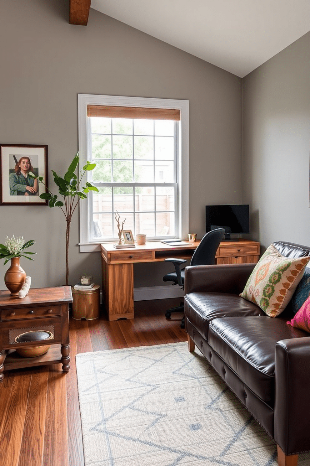 A stylish living space that seamlessly blends vintage finds with modern decor. An antique wooden side table sits next to a sleek leather sofa, adorned with colorful throw pillows that add a pop of color. A contemporary home office featuring a minimalist desk made of reclaimed wood. The walls are painted in a soft gray, and a large window provides ample natural light, complemented by a stylish ergonomic chair.