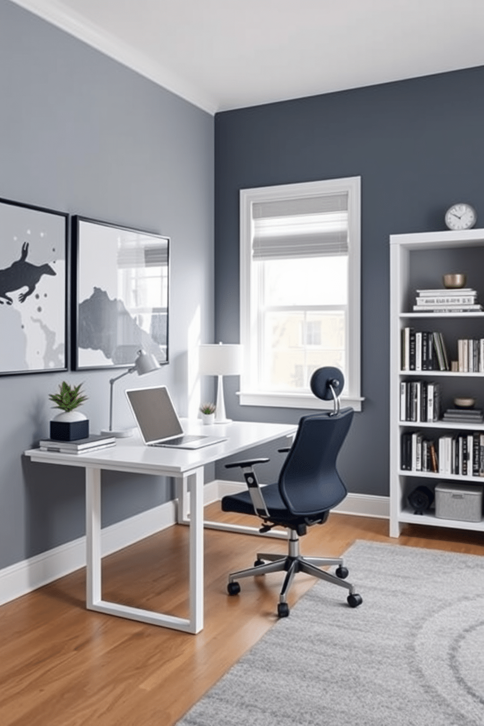 A contemporary home office featuring a cohesive color scheme with shades of navy blue, soft gray, and crisp white. The desk is a sleek, minimalist design in white with metal accents, paired with a comfortable ergonomic chair in navy upholstery. The walls are adorned with abstract art pieces that incorporate the room's color palette, enhancing the modern aesthetic. A stylish bookshelf in the corner displays neatly arranged books and decorative items, while a large window allows natural light to flood the space, creating an inviting atmosphere.