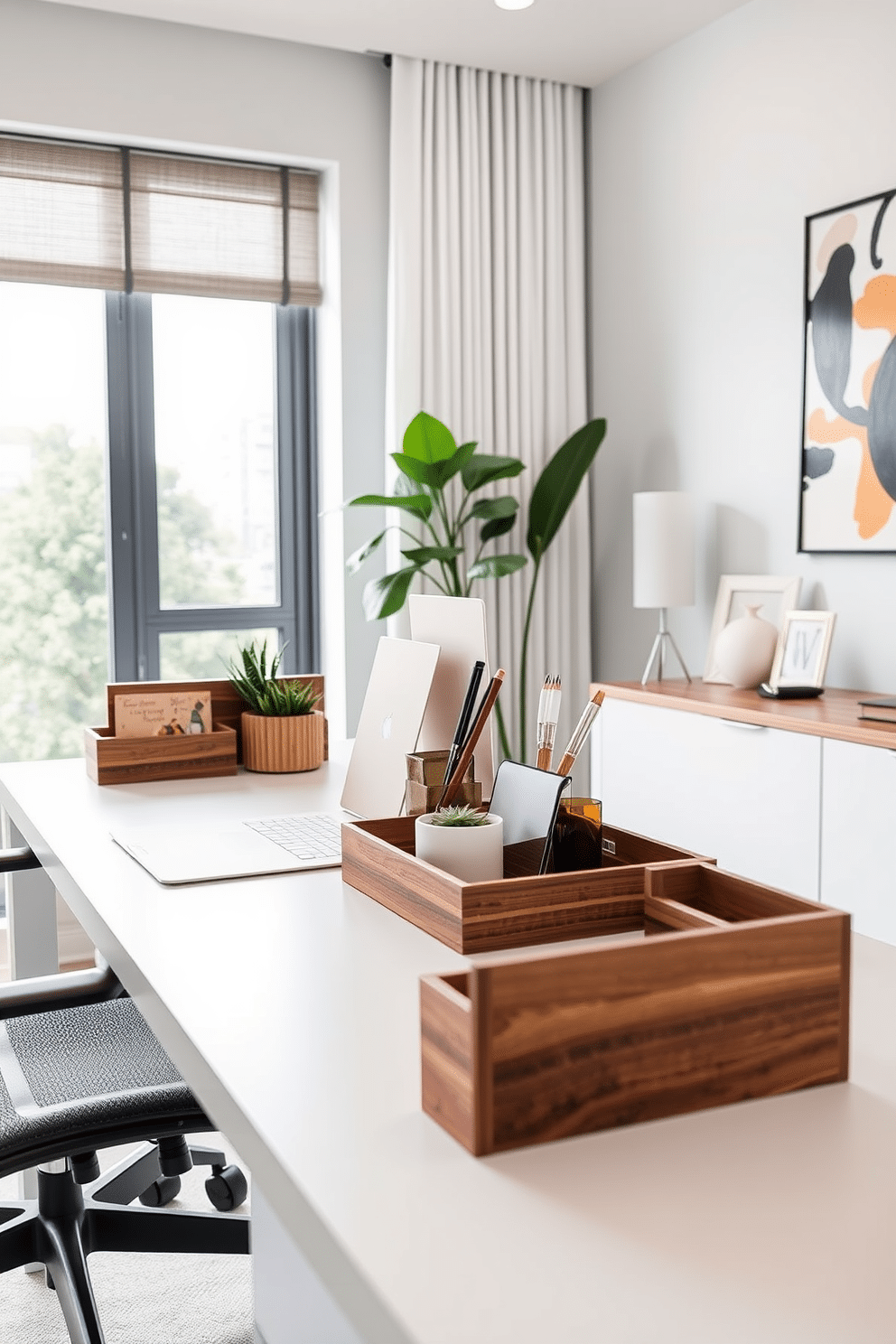 A sleek desk organizer set features a combination of wood and metal elements, providing a modern aesthetic. The organizers include a pen holder, a document tray, and a small plant pot, all arranged neatly on a minimalist desk. The home office is designed with a contemporary flair, showcasing a large window that floods the space with natural light. A stylish desk is paired with an ergonomic chair, and the walls are adorned with abstract art that adds a pop of color to the neutral palette.