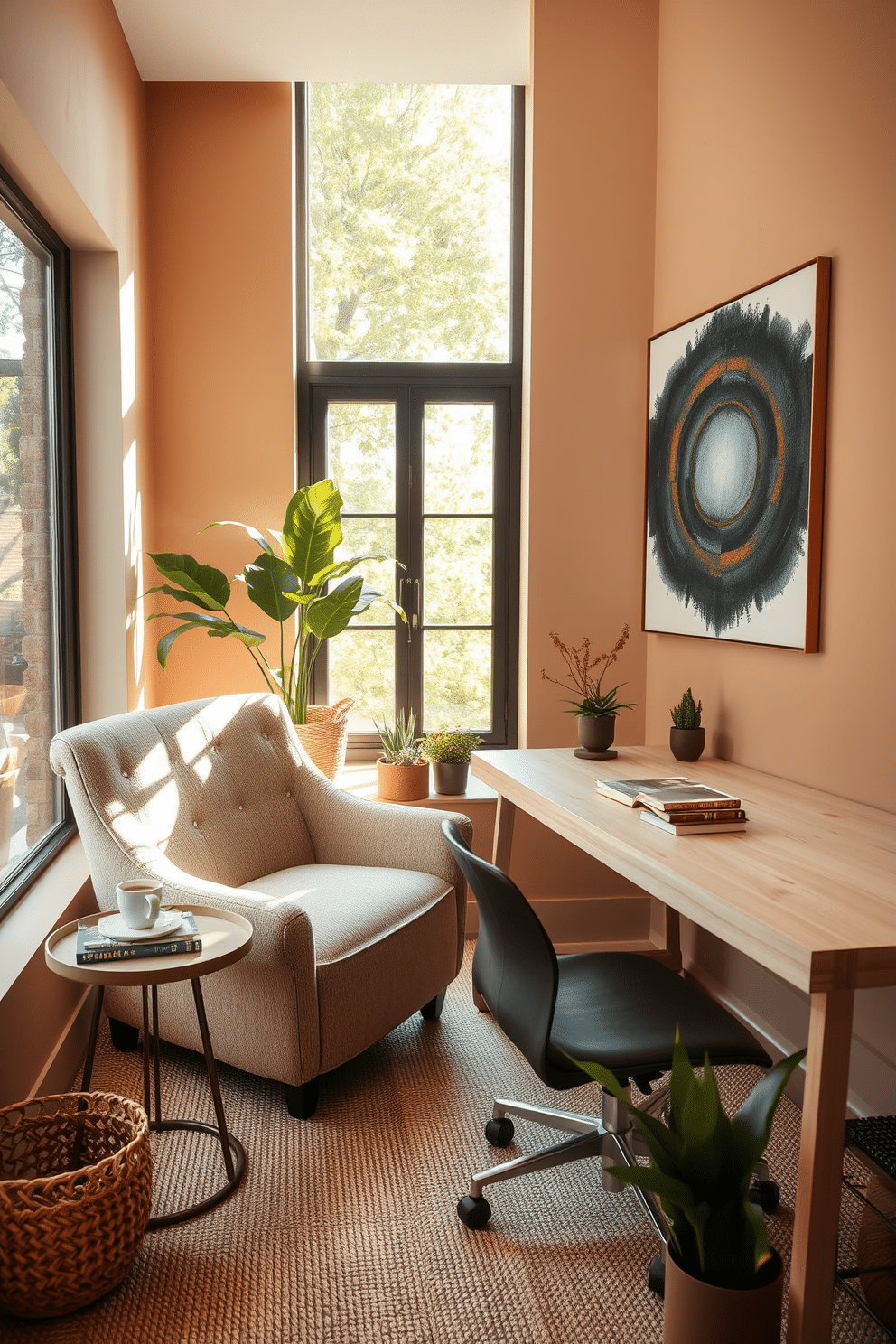 Cozy reading nook with a chair. A plush armchair upholstered in soft, textured fabric is positioned beside a large window, allowing natural light to flood the space. A small, round side table holds a steaming cup of tea and a stack of well-loved books, inviting relaxation. The walls are adorned with warm, earthy tones, and a woven rug adds warmth underfoot. Contemporary home office design ideas. A sleek, minimalist desk made of light wood is paired with an ergonomic chair, creating a functional yet stylish workspace. Large windows provide ample daylight, while a statement art piece on the wall adds a pop of color and personality to the room. A few potted plants bring a touch of nature indoors, enhancing the overall ambiance.