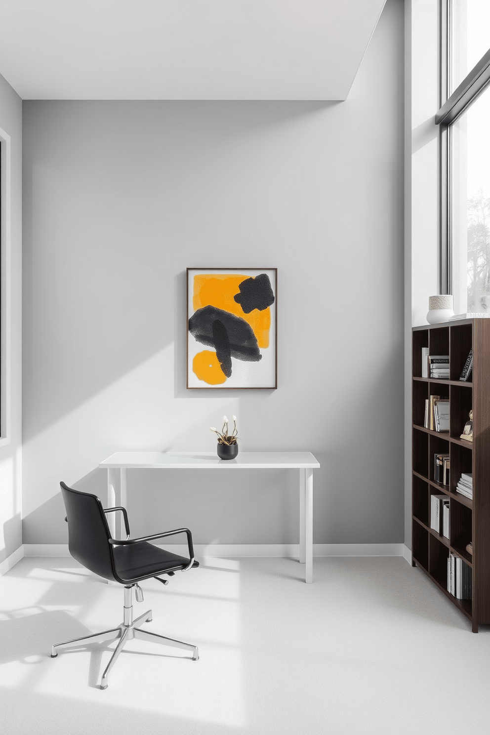 A minimalist home office features a sleek, white desk with a glass top and a simple black chair. The walls are painted in a soft gray, and a single piece of abstract art adds a pop of color above the desk. Natural light floods the space through large windows, illuminating a small potted plant on the desk. A minimalist bookshelf against the wall showcases a few curated books and decorative items, maintaining a clean and organized aesthetic.