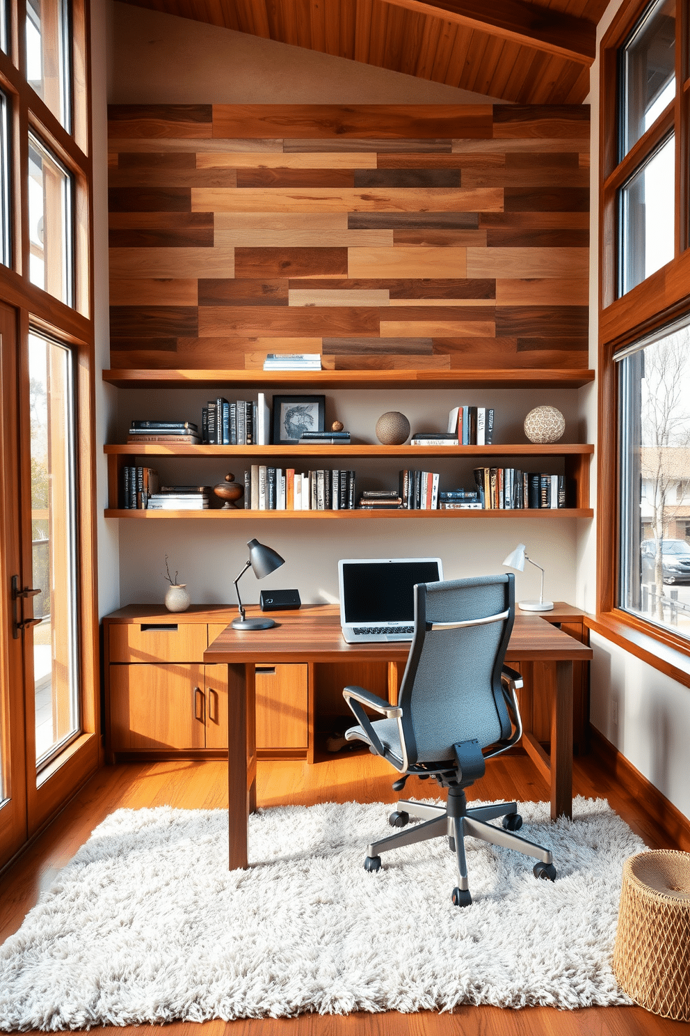 A contemporary home office featuring warm wood tones and sleek modern accents. The desk is a rich walnut with a minimalist design, complemented by a stylish ergonomic chair in a neutral fabric. Large windows allow natural light to flood the space, highlighting the soft textures of a plush area rug beneath. Shelves made of reclaimed wood display curated books and decorative items, adding personality to the room.