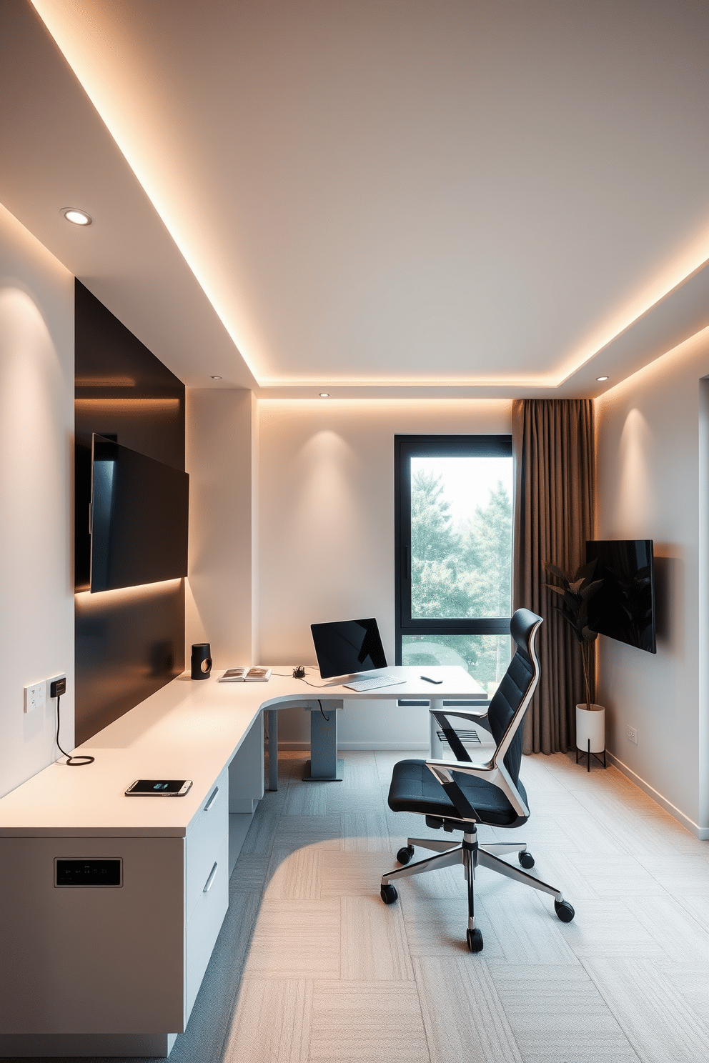 A contemporary home office featuring integrated technology for seamless workflow. The space includes a sleek, ergonomic desk with built-in charging ports and a minimalist design that promotes productivity. The walls are adorned with smart lighting that adjusts to the time of day, creating an inviting atmosphere. A large window allows natural light to flood the room, complemented by a stylish ergonomic chair that enhances comfort during long working hours.