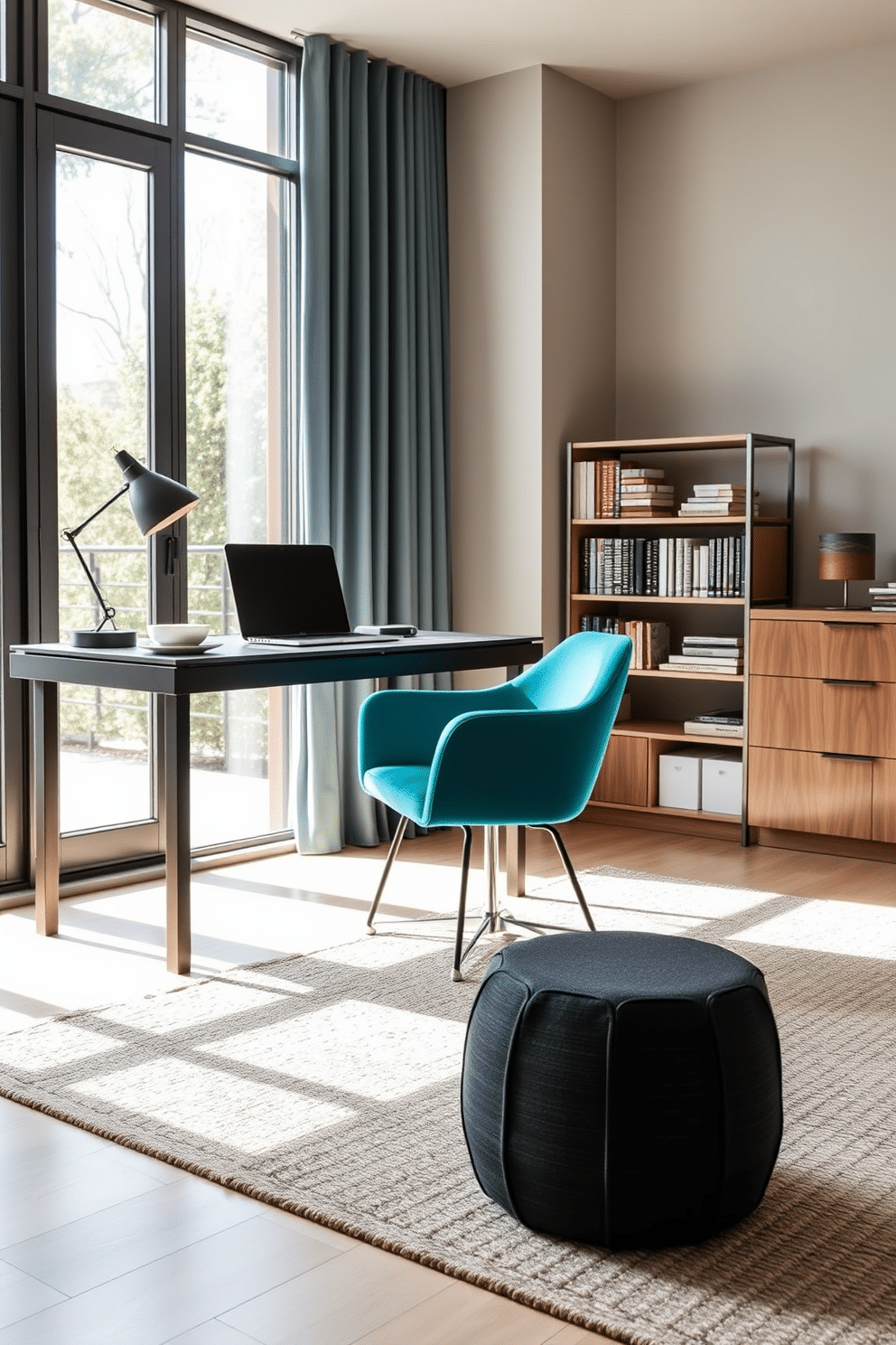 A bold statement chair in a vibrant teal color stands out against a neutral backdrop in a contemporary home office. The desk is sleek and minimalist, paired with a modern bookshelf that showcases a mix of books and decorative items. Natural light floods the space through large windows, enhancing the airy feel of the room. A textured area rug anchors the seating area, adding warmth and comfort to the sophisticated design.