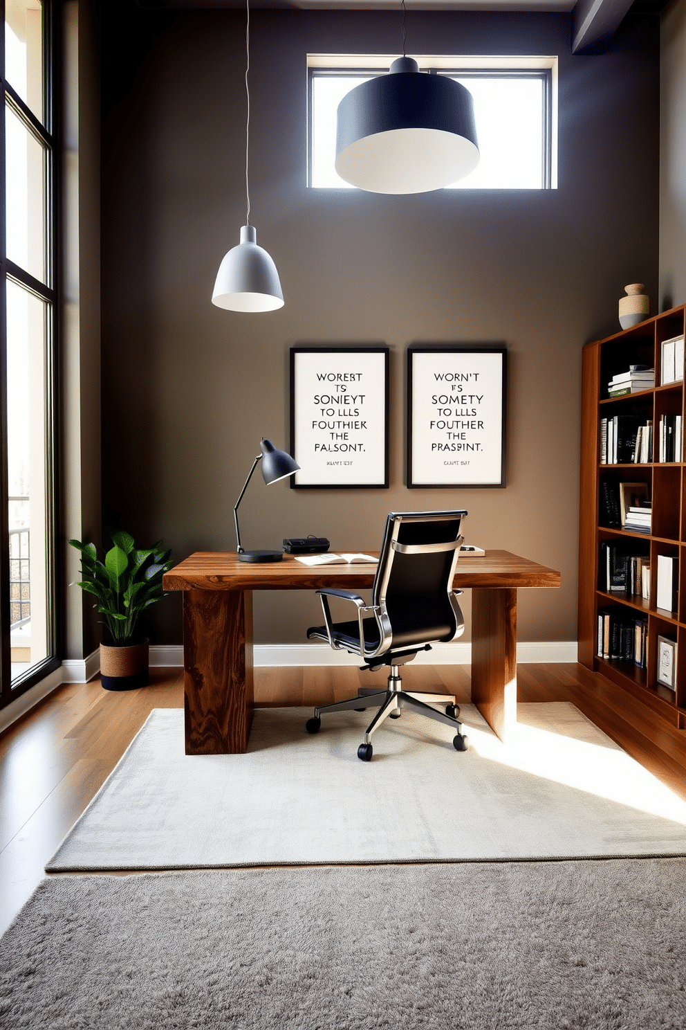 A contemporary home office featuring a sleek desk made of reclaimed wood, paired with a stylish ergonomic chair. Inspirational quotes are elegantly framed and displayed on the wall, adding a personal touch and motivation to the workspace. The room is illuminated by natural light streaming through large windows, complemented by modern pendant lighting overhead. A plush area rug in muted tones anchors the space, while a bookshelf filled with curated books and decor items adds character and warmth.