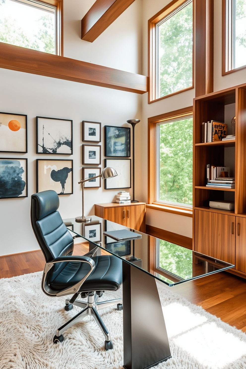 A contemporary home office features a sleek glass desk paired with an ergonomic leather chair. The walls are adorned with a gallery of abstract art, and warm wood accents are present in the shelving units and flooring. A combination of metal and wood elements creates visual interest, with a brushed steel lamp illuminating the workspace. Large windows allow natural light to flood the room, complemented by a plush area rug that adds texture and warmth.