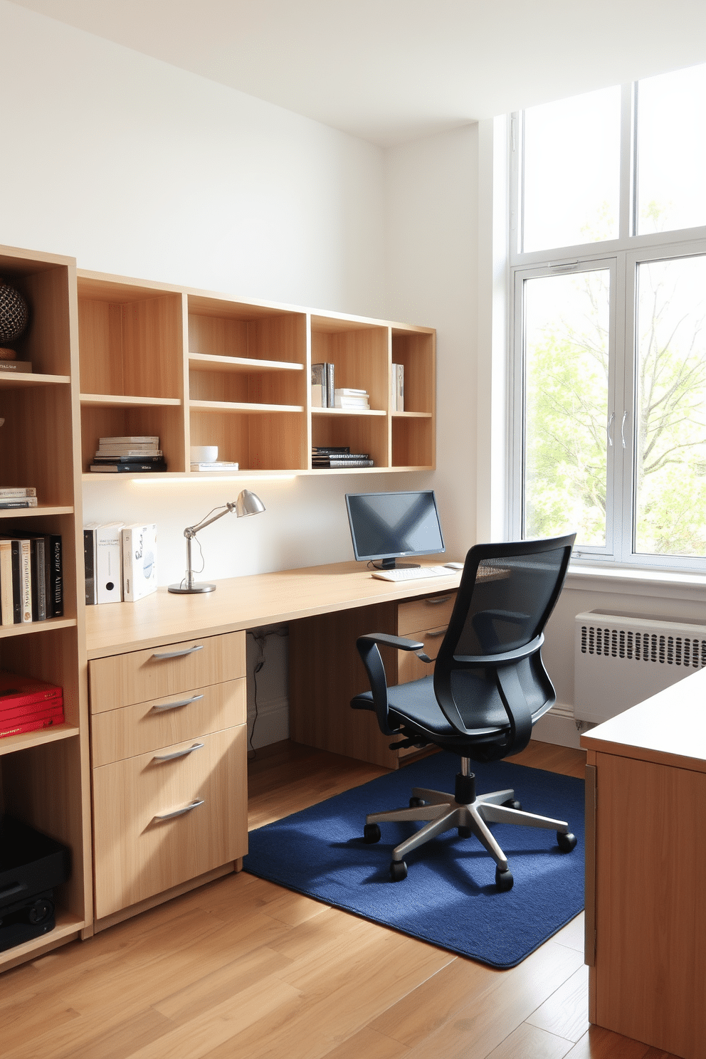 A flexible workspace features movable furniture that allows for easy reconfiguration based on daily tasks. The design includes a sleek, adjustable desk paired with a comfortable ergonomic chair, ensuring both functionality and style. Bright, natural light floods the room through large windows, enhancing productivity and creativity. A mix of open shelving and closed cabinetry provides ample storage while maintaining a clean, uncluttered aesthetic.