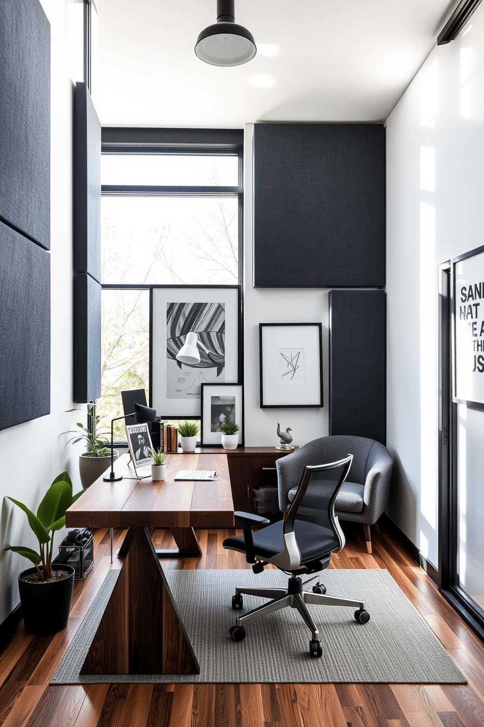 A sleek contemporary home office features high-quality acoustic panels strategically mounted on the walls to enhance soundproofing. The space is adorned with a stylish desk made of reclaimed wood, paired with an ergonomic chair that complements the modern aesthetic. Natural light floods the room through large windows, illuminating the minimalist decor that includes a few potted plants and framed artwork. A cozy reading nook with a plush armchair and a small bookshelf adds warmth and functionality to the design.