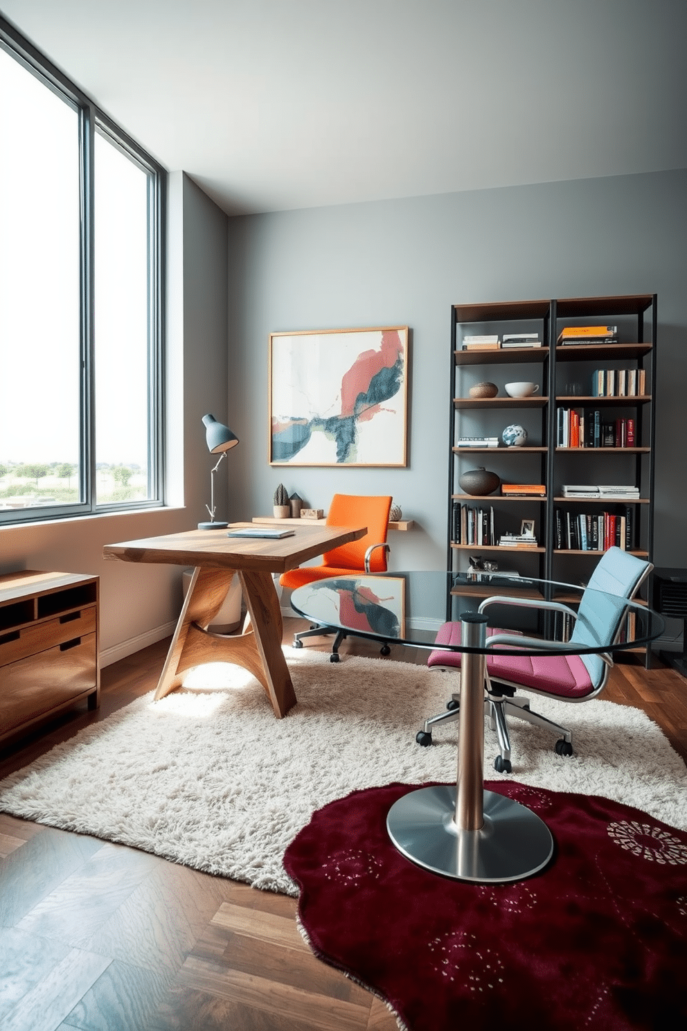 A modern home office features a unique, asymmetrical desk crafted from reclaimed wood, positioned in front of a large window that floods the space with natural light. The walls are painted a soft gray, complementing the sleek lines of a minimalist shelving unit filled with books and decorative accents. In this contemporary design, a round desk with a glass top and metallic base creates a striking focal point, paired with an ergonomic chair in bold colors. The floor is adorned with a plush area rug that adds warmth, while abstract artwork hangs above the desk, enhancing the creative atmosphere.