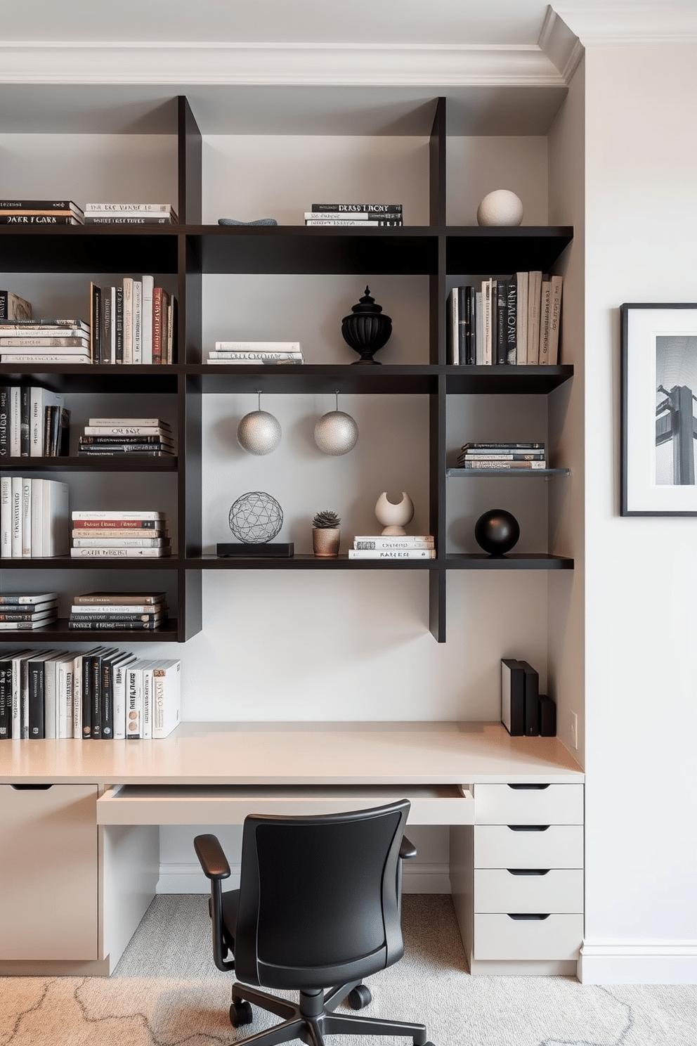 A contemporary home office features open shelving that showcases a curated collection of books and decorative items. The shelves are made of sleek, dark wood, creating a striking contrast against the light-colored walls, while a minimalist desk sits below, paired with an ergonomic chair.