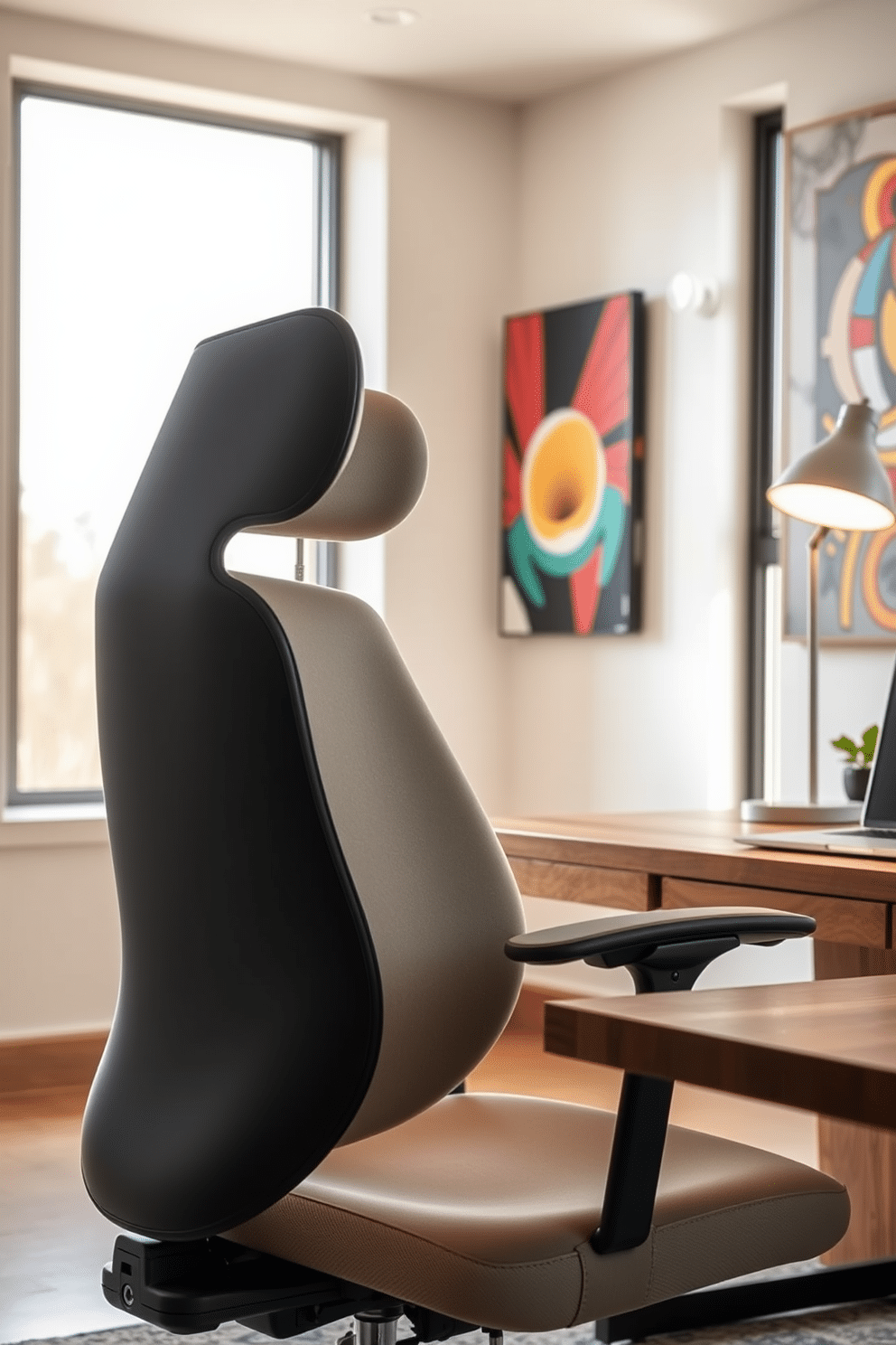 A sleek ergonomic chair designed for ultimate comfort features a contoured backrest and adjustable armrests, upholstered in soft, breathable fabric. The chair is positioned at a modern desk made of reclaimed wood, complemented by a minimalist lamp that casts a warm glow over the workspace. The contemporary home office design showcases a blend of functionality and style, with large windows allowing natural light to flood the room. A neutral color palette is accented by vibrant artwork on the walls, creating an inspiring environment for productivity.