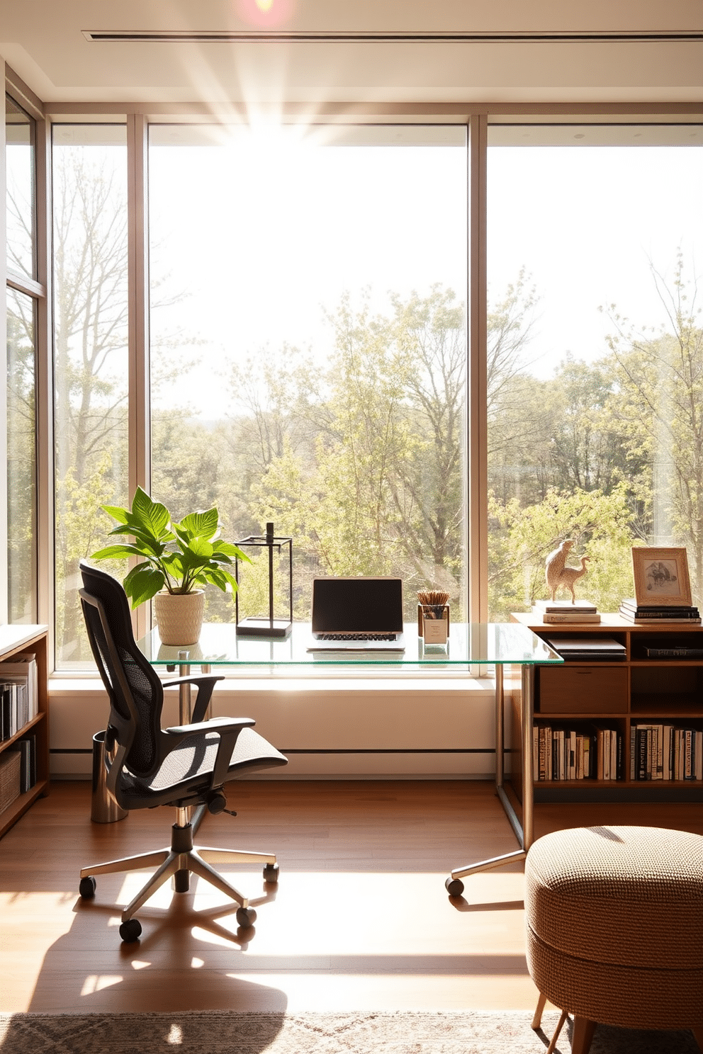 A contemporary home office bathed in natural light streaming through large floor-to-ceiling windows. The space features a sleek glass desk paired with a comfortable ergonomic chair, accented by a minimalist bookshelf filled with curated decor and books.