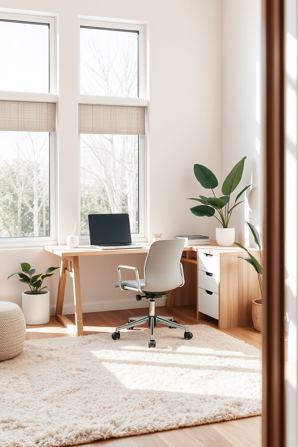 A contemporary home office designed with a neutral color palette to evoke a calming atmosphere. The space features a sleek, minimalist desk in light wood, paired with an ergonomic chair upholstered in soft gray fabric. Large windows allow natural light to flood the room, highlighting the subtle textures of the cream-colored walls. A plush area rug in a muted beige anchors the space, while potted plants add a touch of greenery and life.