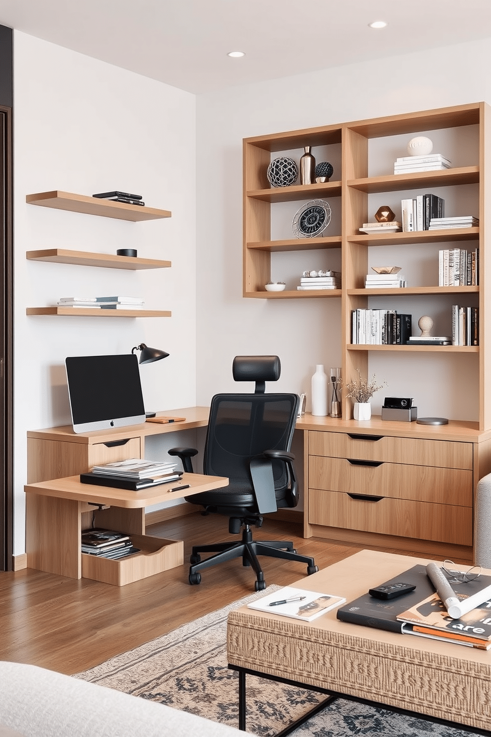 A contemporary home office designed for maximum efficiency features a sleek desk with integrated storage compartments that keep the workspace clutter-free. The walls are adorned with floating shelves, providing ample space for books and decorative items, while a stylish ergonomic chair complements the modern aesthetic. Smart storage solutions with hidden compartments are seamlessly integrated into the furniture, such as a coffee table that lifts to reveal storage space for magazines and remote controls. The overall design emphasizes clean lines and a minimalist approach, creating a functional yet inviting atmosphere.