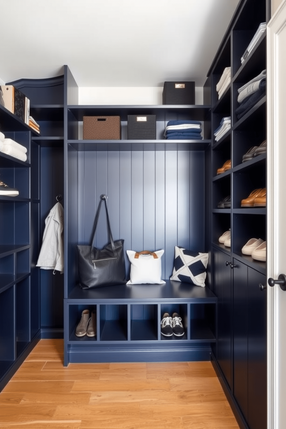 Open shelving lines the walls of a contemporary mudroom, providing easy access to storage for shoes, bags, and outdoor gear. The space features a sleek bench with integrated cubbies below, accented by a bold color palette that includes deep navy and crisp white.