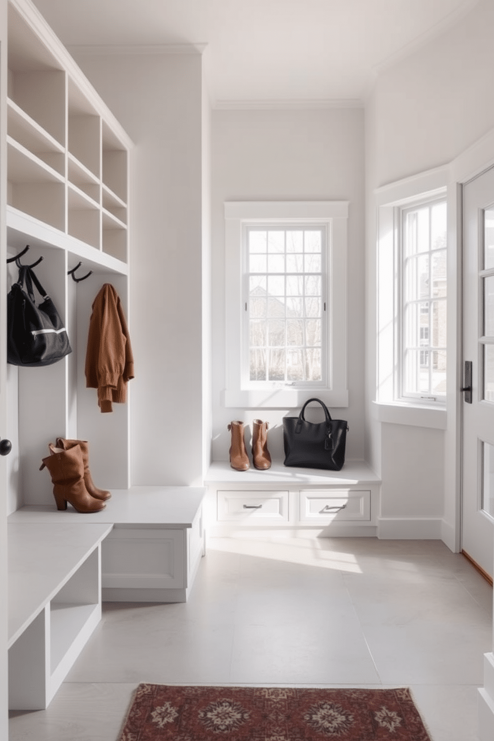 A minimalist mudroom design featuring clean lines and a neutral color palette. The space includes built-in storage benches with open shelving above, accented by sleek hooks for coats and bags. The floor is finished with large format tiles in a light gray, creating a seamless transition from the entryway. Natural light floods the room through a large window, enhancing the airy and uncluttered atmosphere.