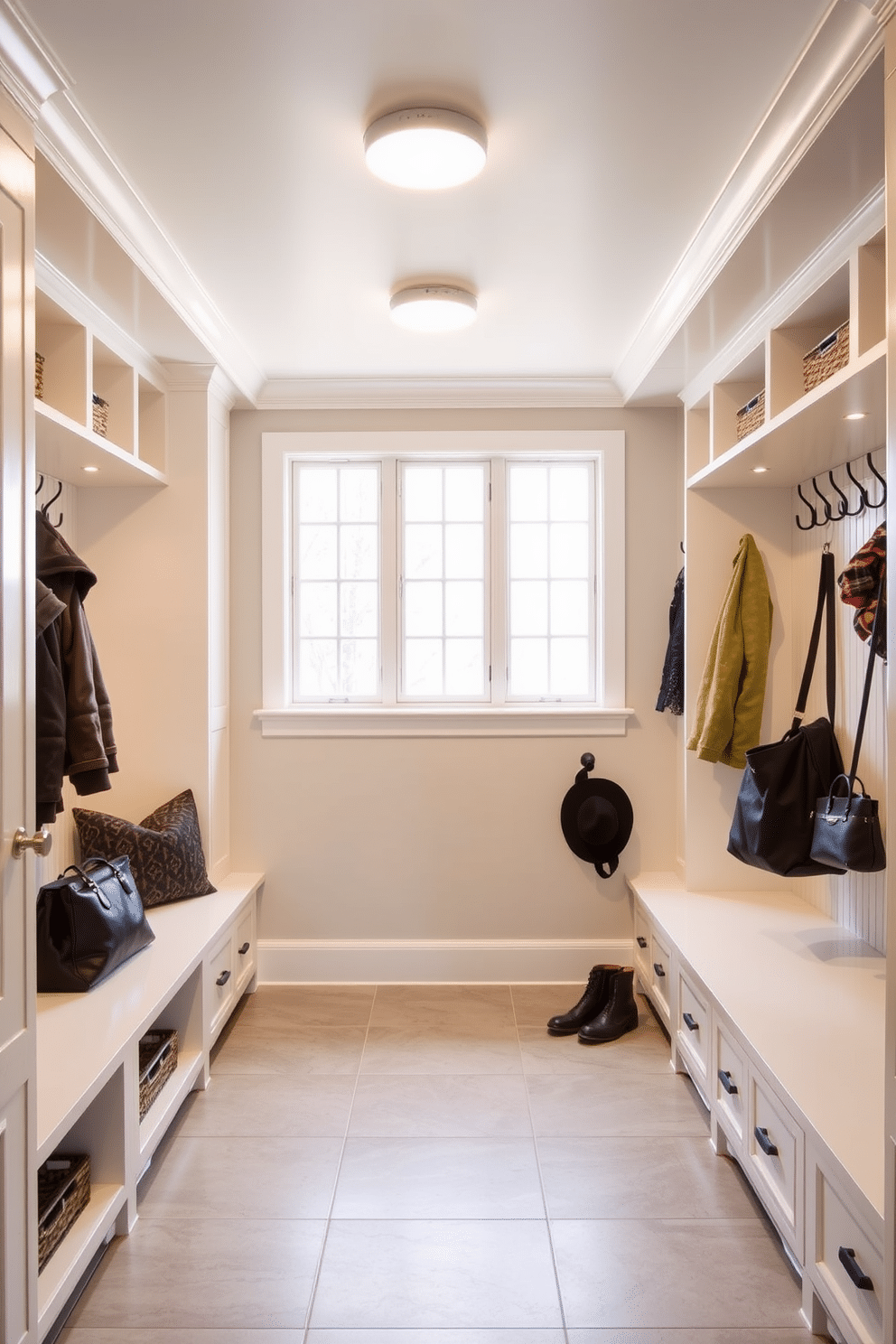 A contemporary mudroom features bright, functional lighting fixtures that illuminate the space effectively. The design includes built-in storage benches and hooks for coats, with a sleek tile floor that is both stylish and easy to clean.