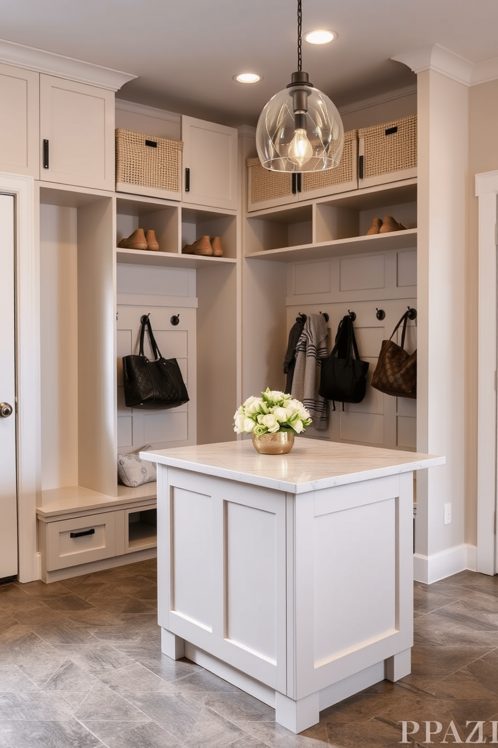 A contemporary mudroom featuring a central island designed for added workspace. The island is topped with a sleek quartz surface, surrounded by built-in storage cubbies and hooks for coats and bags.