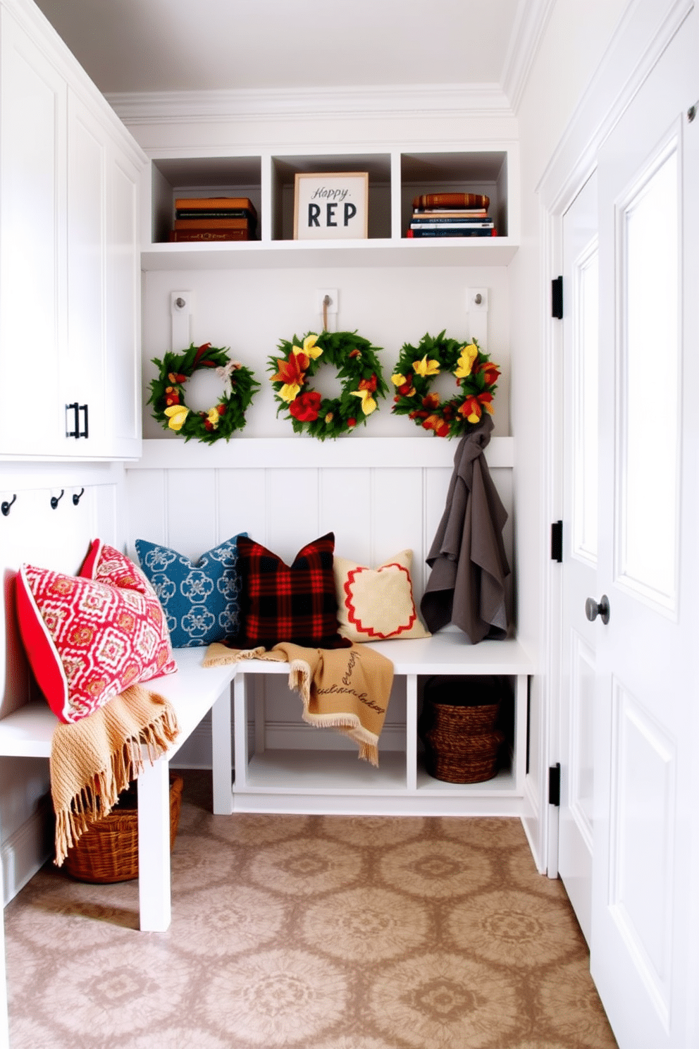 A bright and inviting mudroom features a combination of sleek cabinetry and open shelving for storage. The walls are painted a crisp white, while the floor is adorned with a durable, patterned tile that adds visual interest and practicality. Seasonal decor brings a fresh touch to the space, with vibrant throw pillows and a cozy blanket draped over a bench. A curated display of seasonal wreaths and artwork adds personality, creating an engaging and welcoming atmosphere.