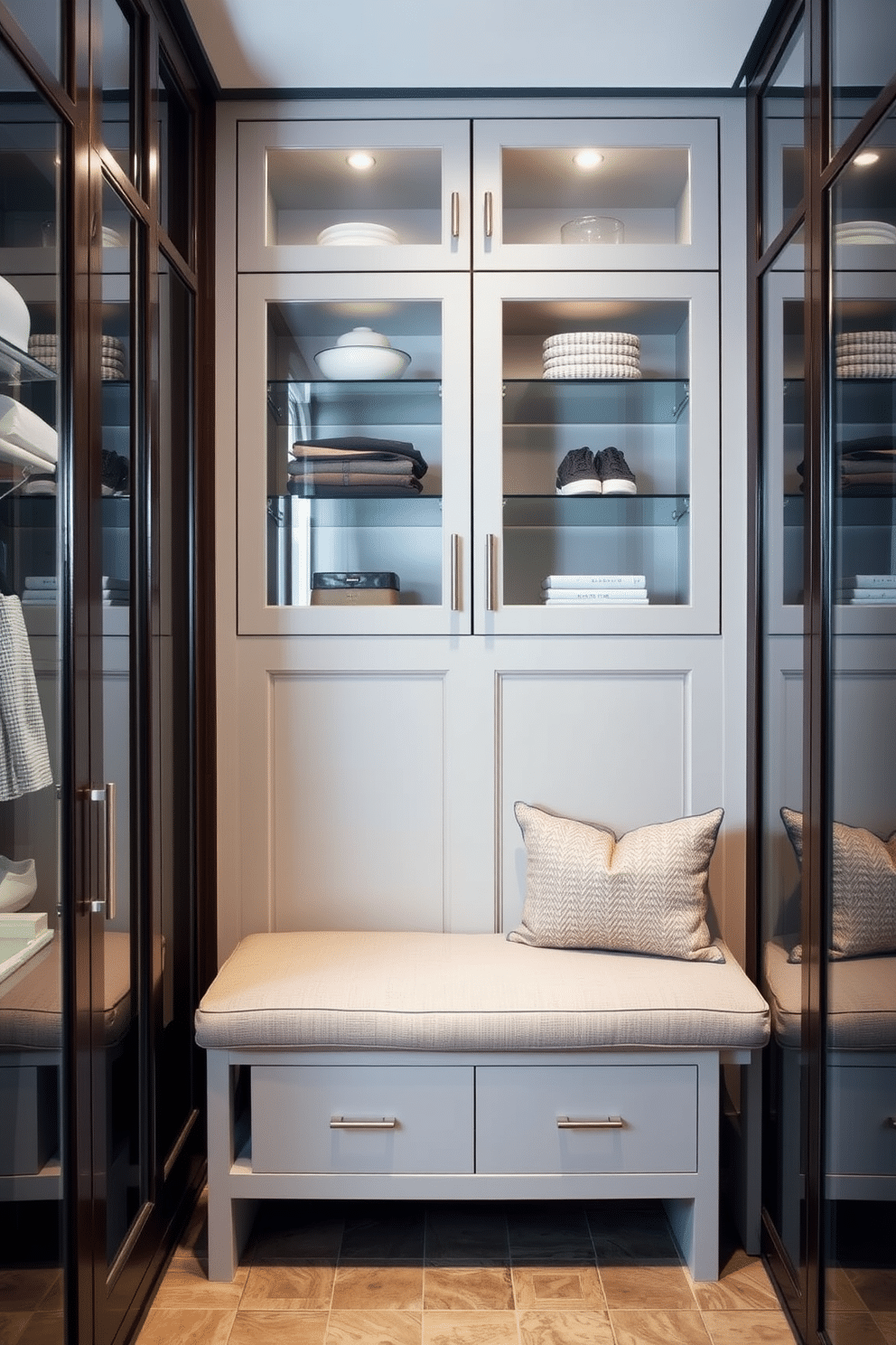 A contemporary mudroom features glass-front cabinets that elegantly display curated items, creating a stylish and organized entryway. The cabinets are complemented by a sleek bench upholstered in a neutral fabric, providing a functional seating area for removing shoes.