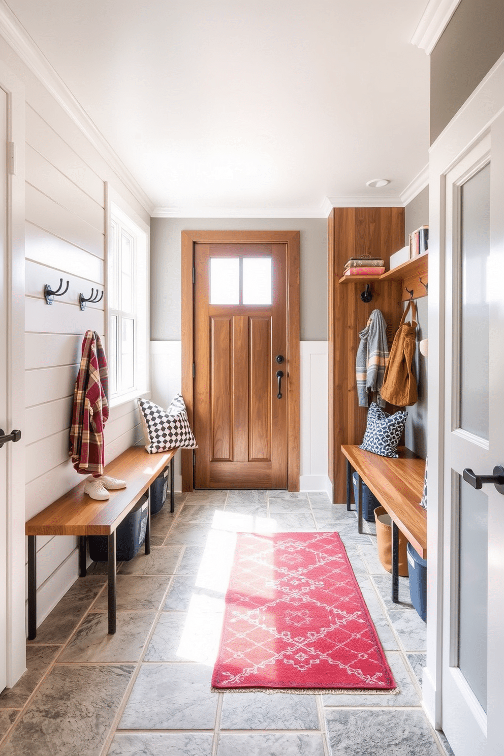 A contemporary mudroom design features a harmonious blend of mixed materials, including sleek metal hooks, warm wood benches, and textured stone flooring. The space is illuminated by natural light streaming through a large window, creating an inviting atmosphere for family and guests. The walls are adorned with a combination of shiplap and painted drywall, providing a stylish backdrop for functional storage solutions. A pop of color is introduced through vibrant accessories, such as a patterned rug and decorative bins, enhancing the modern aesthetic while maintaining practicality.