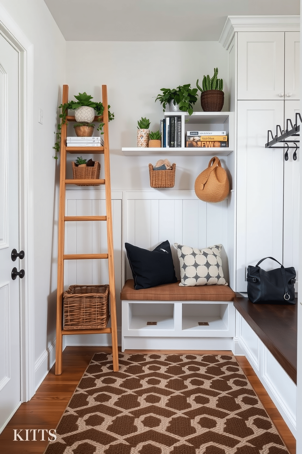 A stylish ladder shelf stands against the wall, crafted from reclaimed wood with a natural finish. It holds an array of decorative plants, books, and woven baskets, adding both functionality and charm to the space. The contemporary mudroom features sleek cabinetry in a crisp white finish, complemented by a built-in bench with plush cushions. A geometric patterned rug anchors the space, while hooks line the wall for easy access to coats and bags.