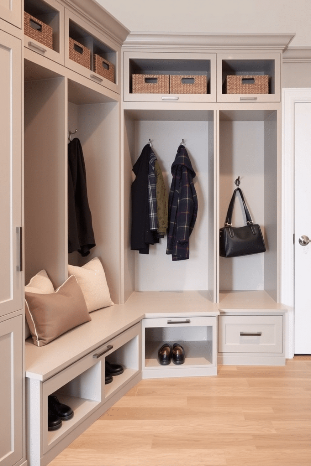 A contemporary mudroom featuring custom cabinetry designed for personalized storage. The cabinetry includes built-in benches with plush cushions, hooks for coats, and cubbies for shoes, all in a sleek, modern finish.