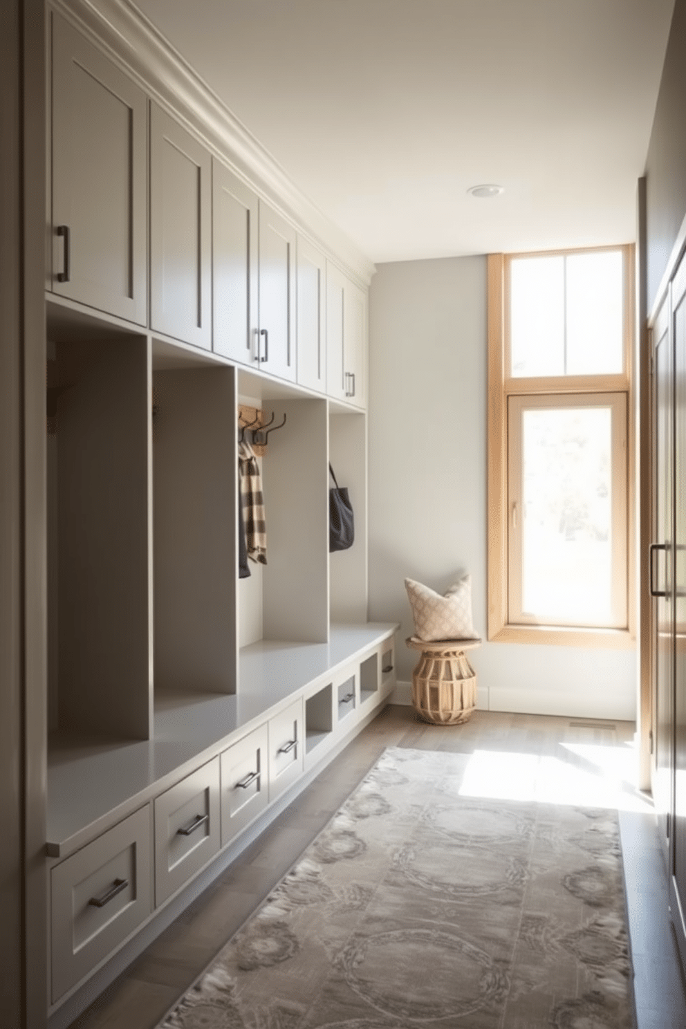 A contemporary mudroom design featuring a neutral color palette to create a calming effect. The space includes built-in storage benches with soft cushions, and sleek cabinetry that blends seamlessly with the walls. Natural light floods the area through a large window, illuminating the light gray walls and warm wood accents. A stylish area rug in subtle tones adds texture, while hooks for coats and bags are positioned for easy access.