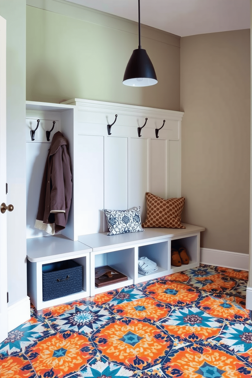 A stylish mudroom featuring decorative tiles that create a unique floor pattern, blending vibrant colors with geometric designs. The space includes a built-in bench with storage underneath, complemented by hooks for coats and a sleek, modern lighting fixture overhead.