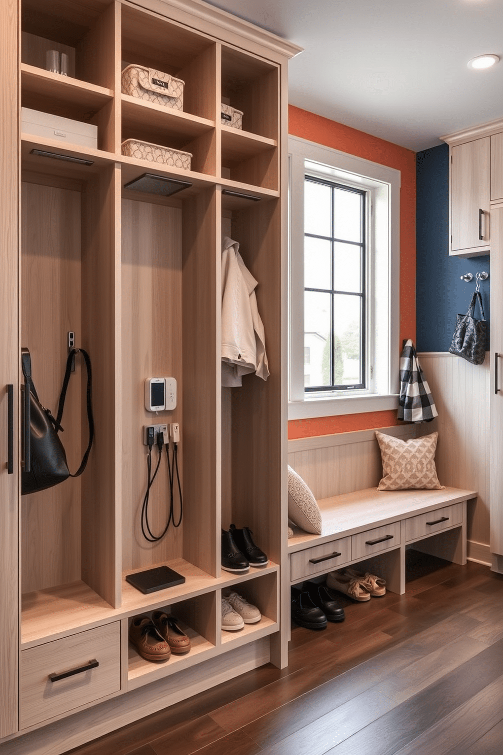 A sleek built-in charging station is integrated into a modern cabinetry system, featuring multiple USB ports and wireless charging pads for convenience. The station is surrounded by stylish storage solutions, including hooks for bags and shelves for shoes, all in a minimalist aesthetic. The contemporary mudroom boasts a combination of functionality and style, with a bench for seating and built-in storage for coats and shoes. Light-colored wood cabinetry contrasts with bold accent walls, while large windows allow natural light to flood the space, creating an inviting atmosphere.