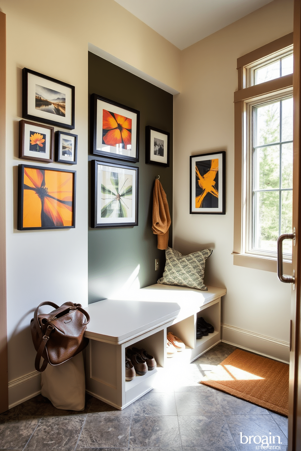 A contemporary mudroom features a sleek bench with built-in storage underneath, providing a practical yet stylish solution for organizing shoes and bags. The walls are adorned with a gallery of framed artwork and personal photos, adding a unique touch that reflects the homeowner's personality. The flooring is a durable, textured tile that complements the overall aesthetic while ensuring easy maintenance. Natural light floods the space through a large window, illuminating the vibrant colors of the artwork and creating an inviting atmosphere.