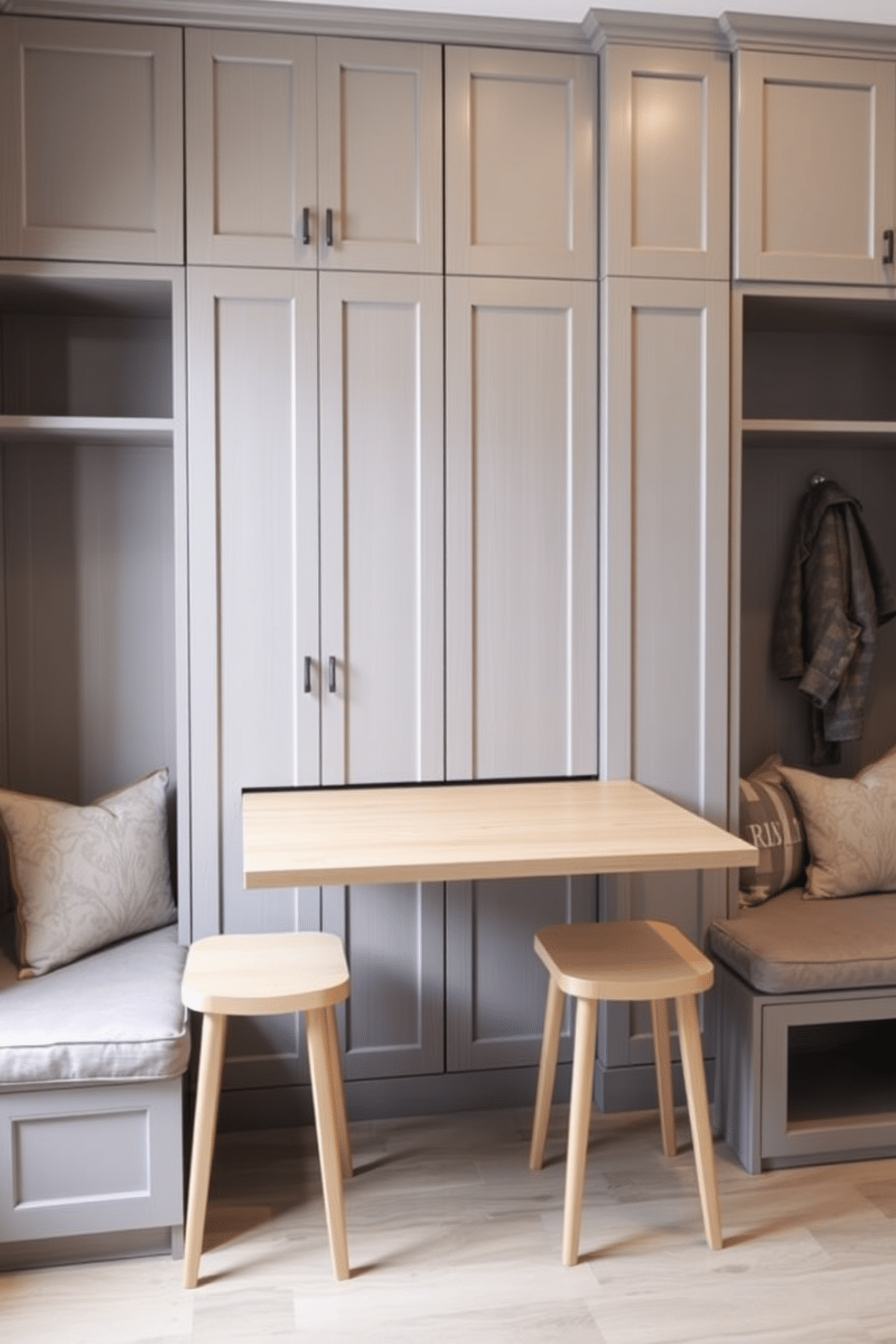 A sleek fold-down table is mounted on the wall, seamlessly blending into the design when not in use. The table features a smooth, light wood finish and is accompanied by minimalist, stylish stools that can be tucked away for a clean look. The contemporary mudroom showcases a combination of functional storage and aesthetic appeal. Built-in benches with plush cushions provide seating, while custom cabinetry with a mix of open and closed storage keeps the space organized and stylish.