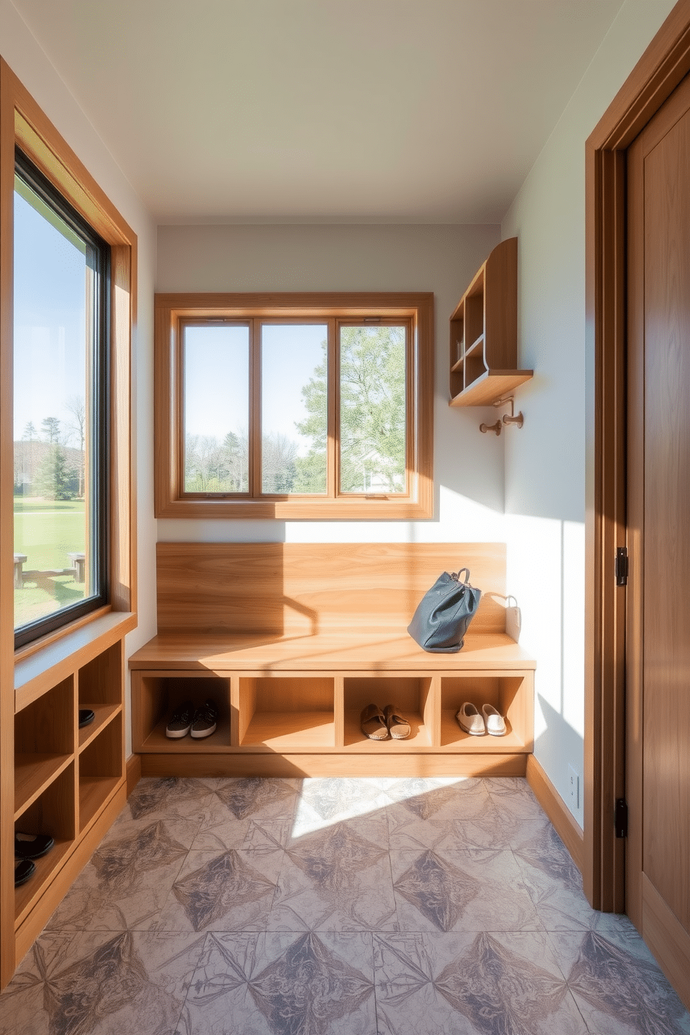 A contemporary mudroom features natural wood accents that create a warm and inviting atmosphere. The space includes a built-in bench with a wooden backrest, surrounded by sleek storage cubbies for shoes and bags. Light-colored walls enhance the brightness of the room, while a patterned tile floor adds a touch of modern style. A large window allows natural light to flood in, highlighting the earthy tones of the wood and providing a view of the outdoors.