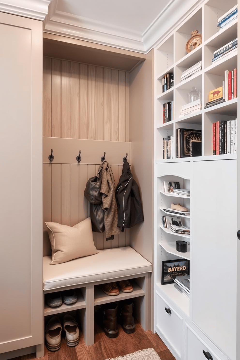 A compact mudroom features built-in cabinetry with sleek, minimalist lines, providing ample storage for shoes and outdoor gear. A bench with soft cushions is positioned for comfort, while hooks above offer a practical solution for hanging coats and bags. Smart storage solutions for small spaces include multi-functional furniture that maximizes utility without sacrificing style. Shelving units are creatively integrated into walls, offering both decorative displays and practical organization for books and personal items.