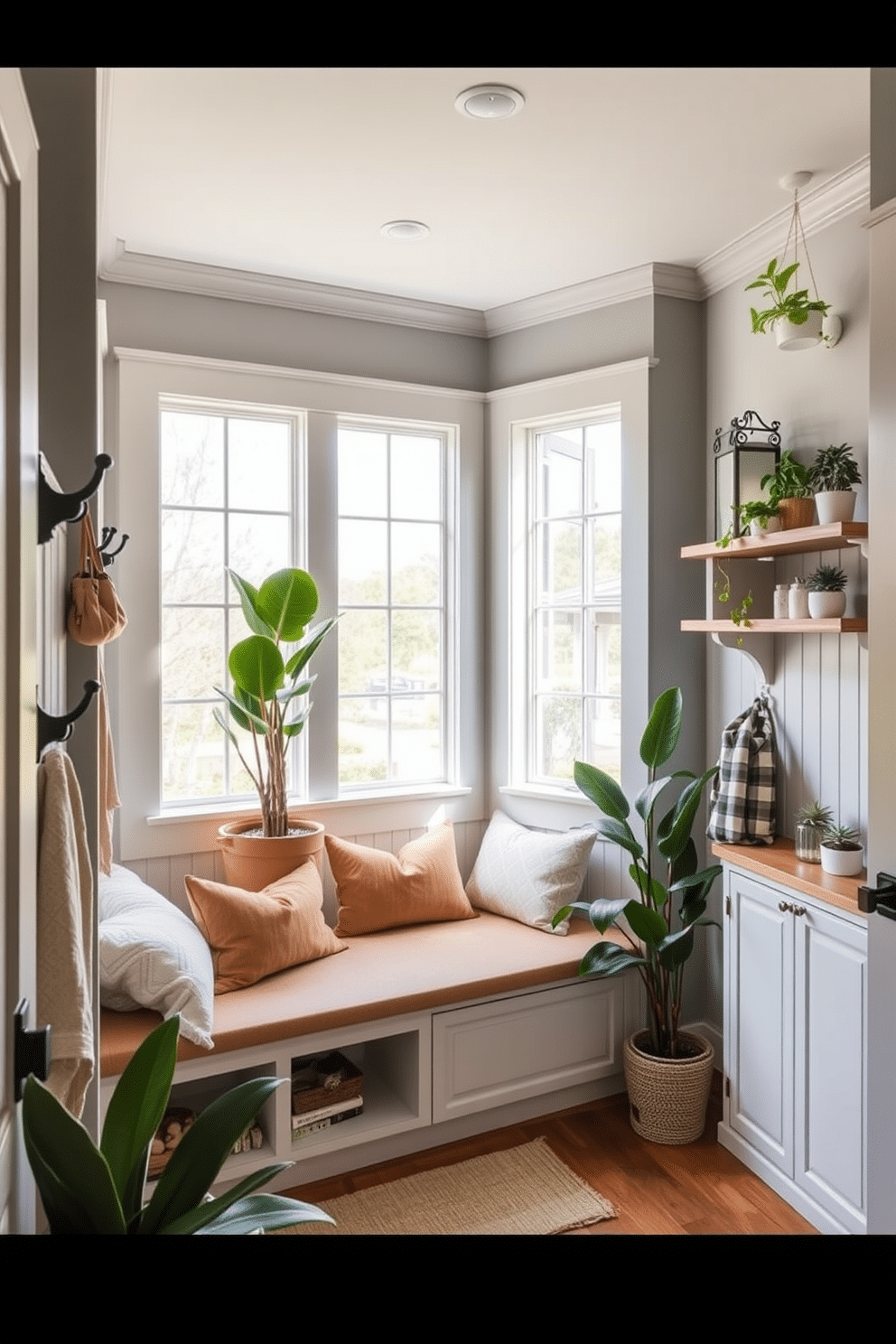 A bright and inviting mudroom with contemporary design elements. The space features a built-in bench with plush cushions, surrounded by stylish hooks for coats and bags, and large windows that let in natural light. Indoor plants are strategically placed throughout the room, including a tall fiddle leaf fig in the corner and smaller succulents on the shelves. The walls are painted in a soft gray, complementing the warm wood tones of the bench and flooring.