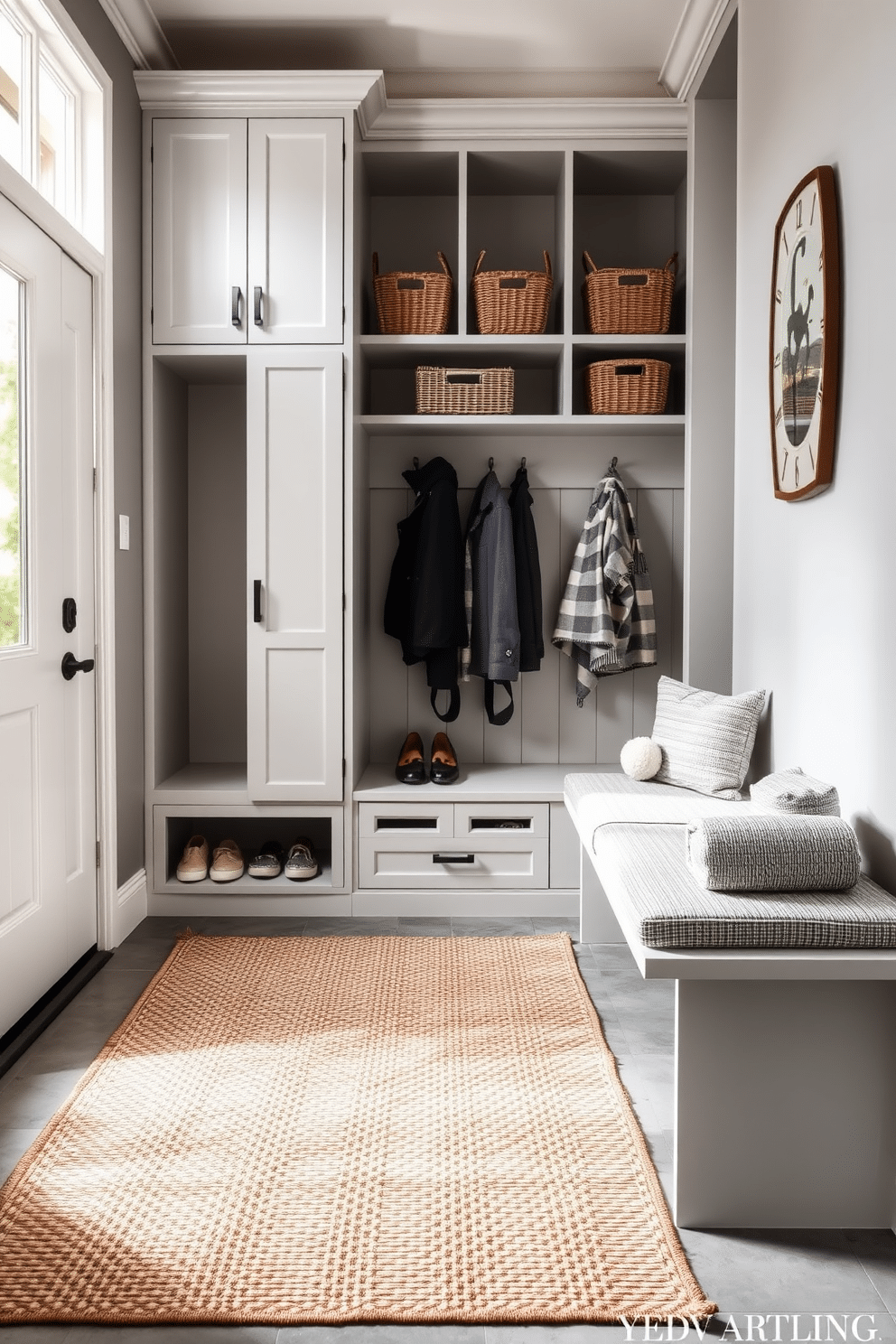 A contemporary mudroom features a spacious layout with built-in cabinetry for storage, including hooks for coats and shelves for shoes. The floor is adorned with a stylish woven rug that adds texture and comfort, complementing the muted color palette of soft grays and whites. Natural light floods the space through a large window, illuminating the sleek bench upholstered in a durable fabric. Decorative baskets are neatly arranged on the shelves, providing both functionality and a touch of warmth to the modern design.