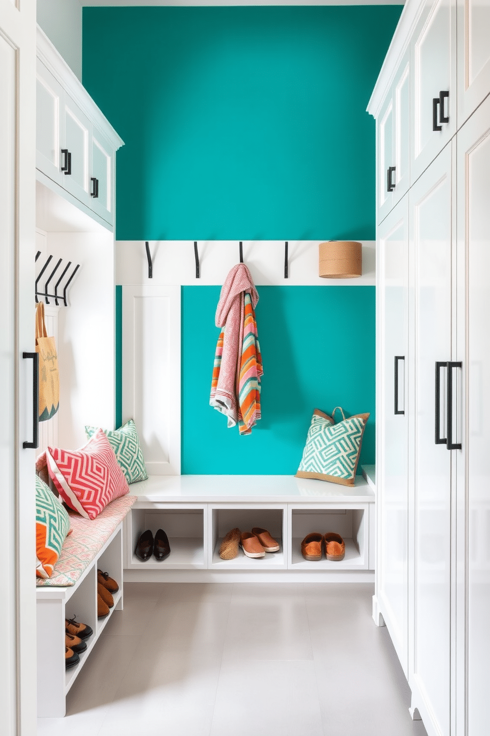 A vibrant accent wall painted in a bold teal hue serves as the focal point of the mudroom, creating a lively contrast against the neutral tones of the surrounding space. The wall features a series of geometric patterns, complemented by a stylish bench with colorful cushions and ample storage underneath. The mudroom is designed with sleek, modern cabinetry in a crisp white finish, providing both functionality and aesthetic appeal. Durable flooring in a light gray tone enhances the contemporary look, while a series of hooks and shelves offer practical storage solutions for coats and shoes.