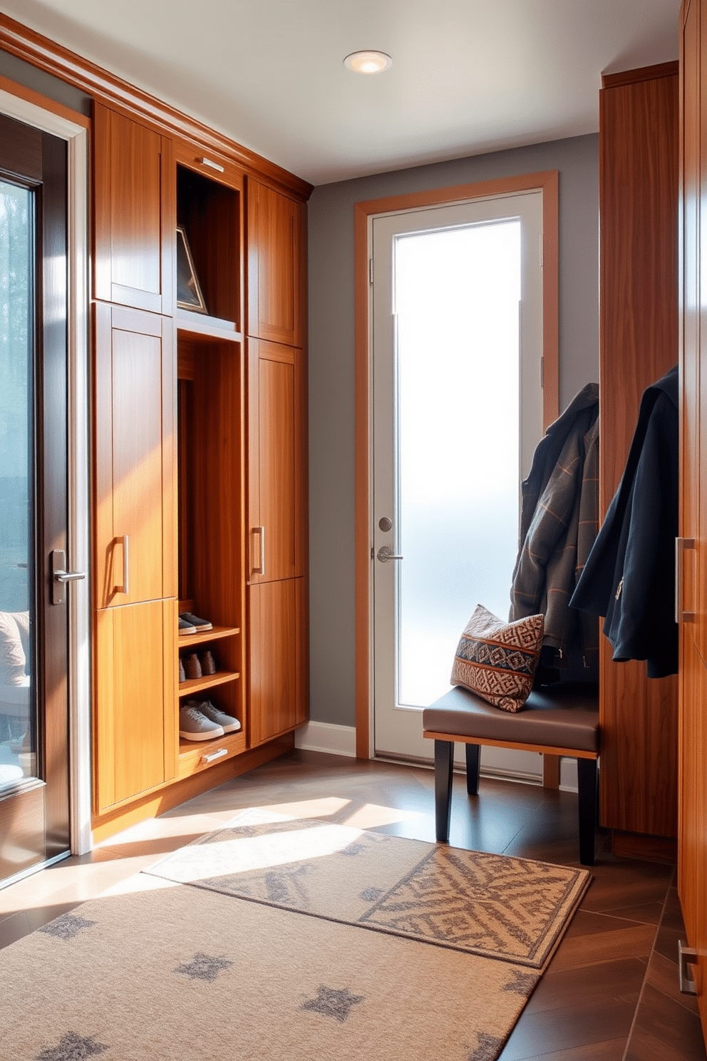 A contemporary mudroom featuring sleek, built-in lockers in a warm wood finish, providing ample storage for coats and shoes. The space is illuminated by natural light streaming through a frosted glass door, with a stylish bench for comfortable seating and a patterned area rug adding a pop of color.